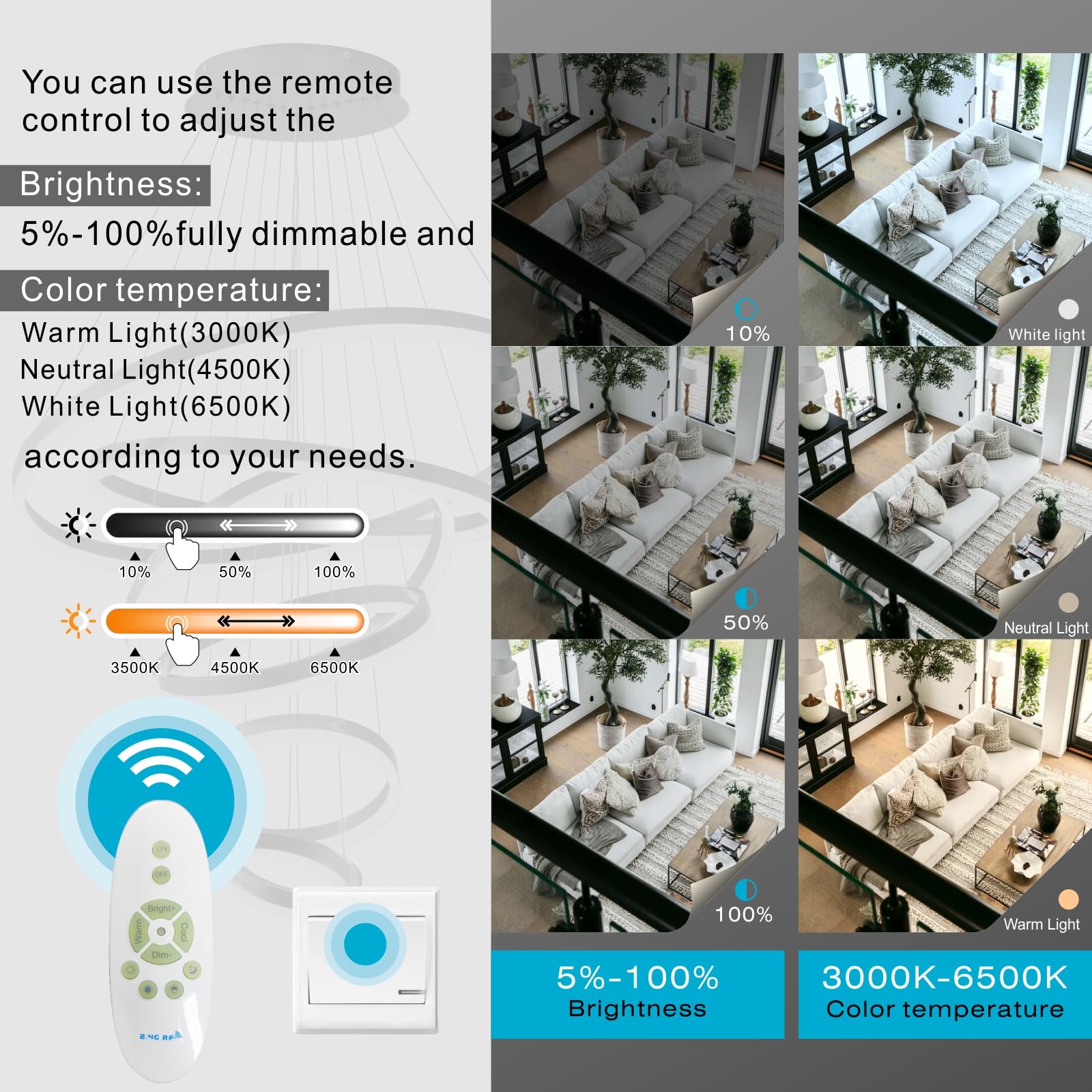 Embring Contemporary Acrylic Modern Led Pendant Chandelier Light Fixture With Remote Control, Dimmable Modern Led Silver Chandelier Featuring 5 Rings For High Ceiling And Dining Room.