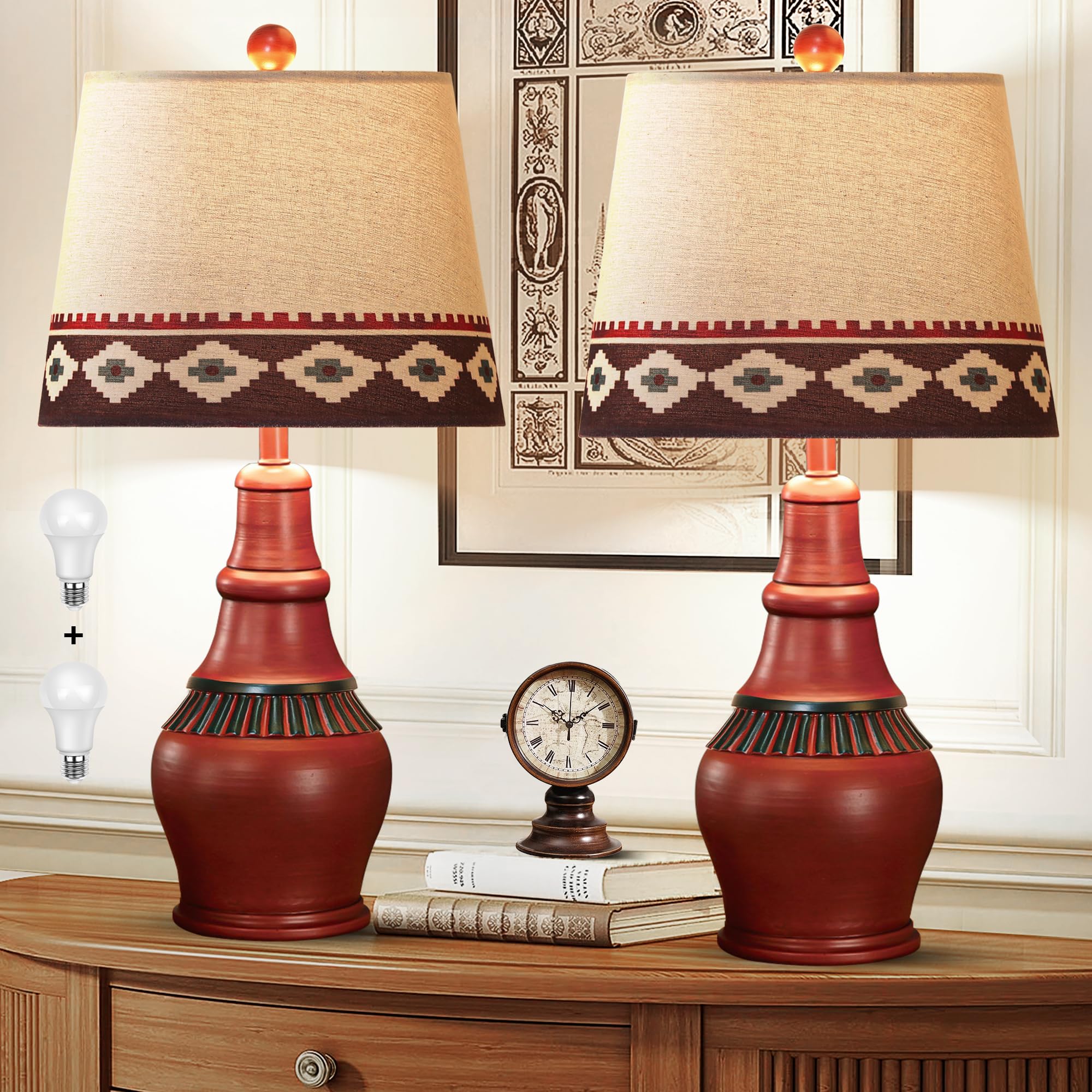 Hamucd Set of 2 Western Rustic Table Lamps for Living Room 3-Color Temperature Dimmable Southwest Farmhouse Bedside Lamps for Be