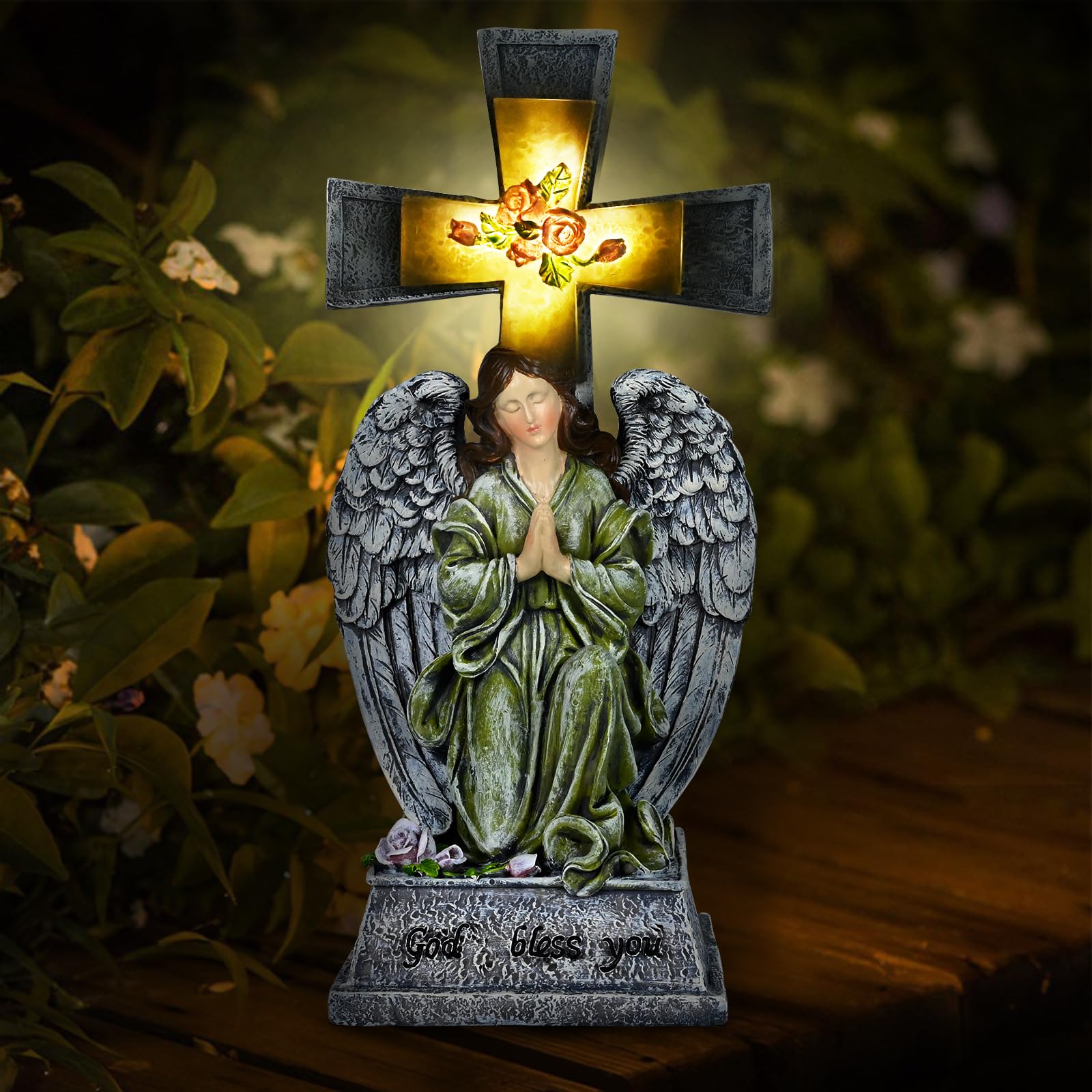 Yiosax-Solar Angels for Cemetery-Garden Statue Lights Decor - Before The Cross on One Knee Wings Praying Angel Figurine Bless Yo