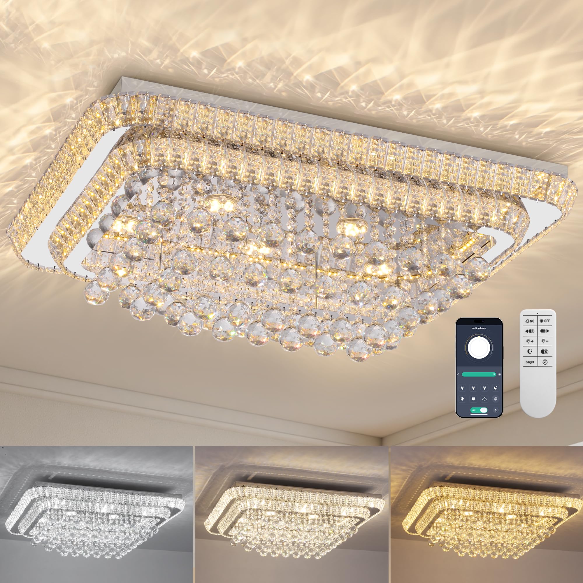 32 inch Crystal Flush Mount Chandelier, Modern Raindrop Crystal Silver Chandeliers with Remote and APP, 3 Colors Temp & Brightne
