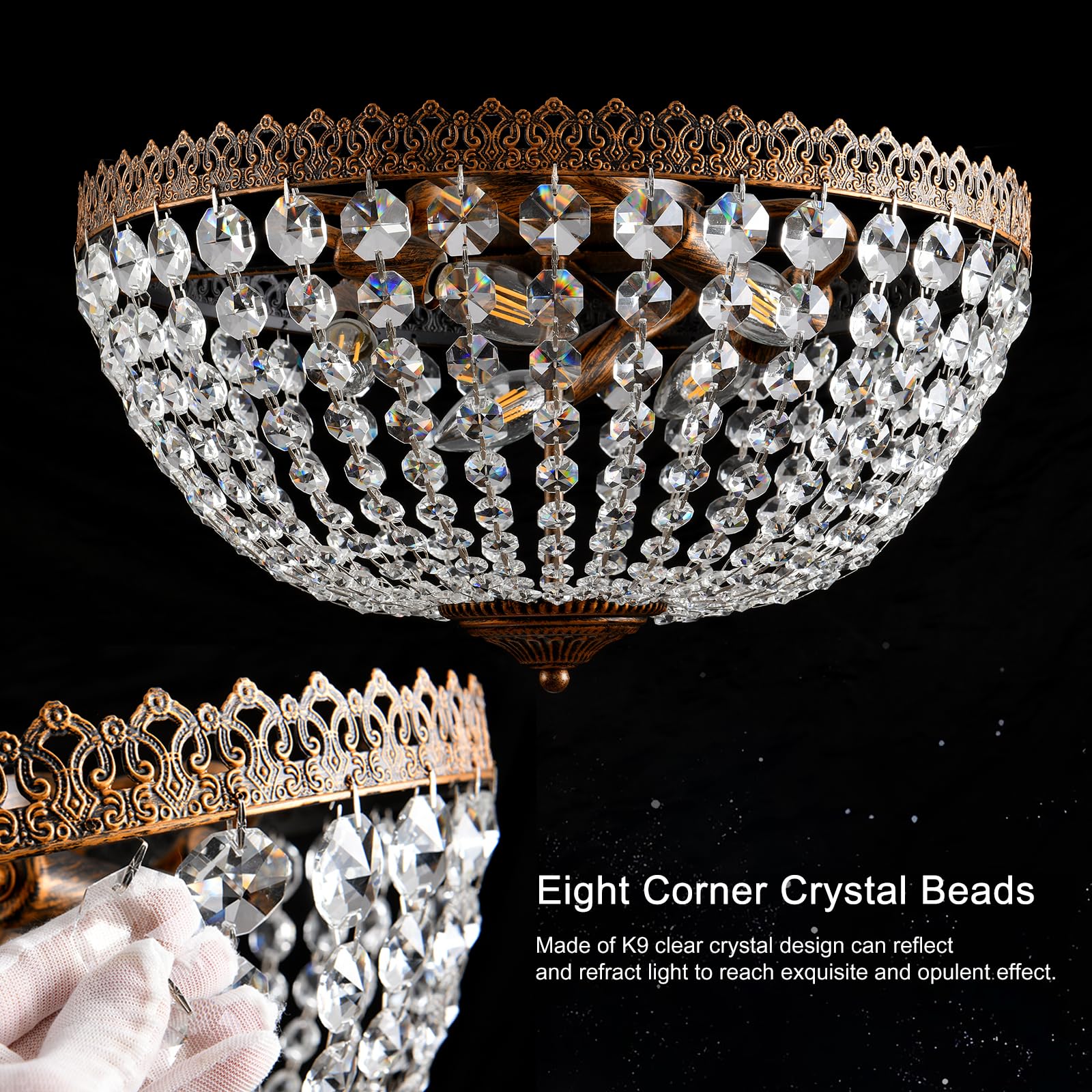 Kaiqi 5 Lights French Empire K9 Crystal Antique Flush Mount Ceiling Light Fixture Crystal Chandelier Lighting For Dining Room En