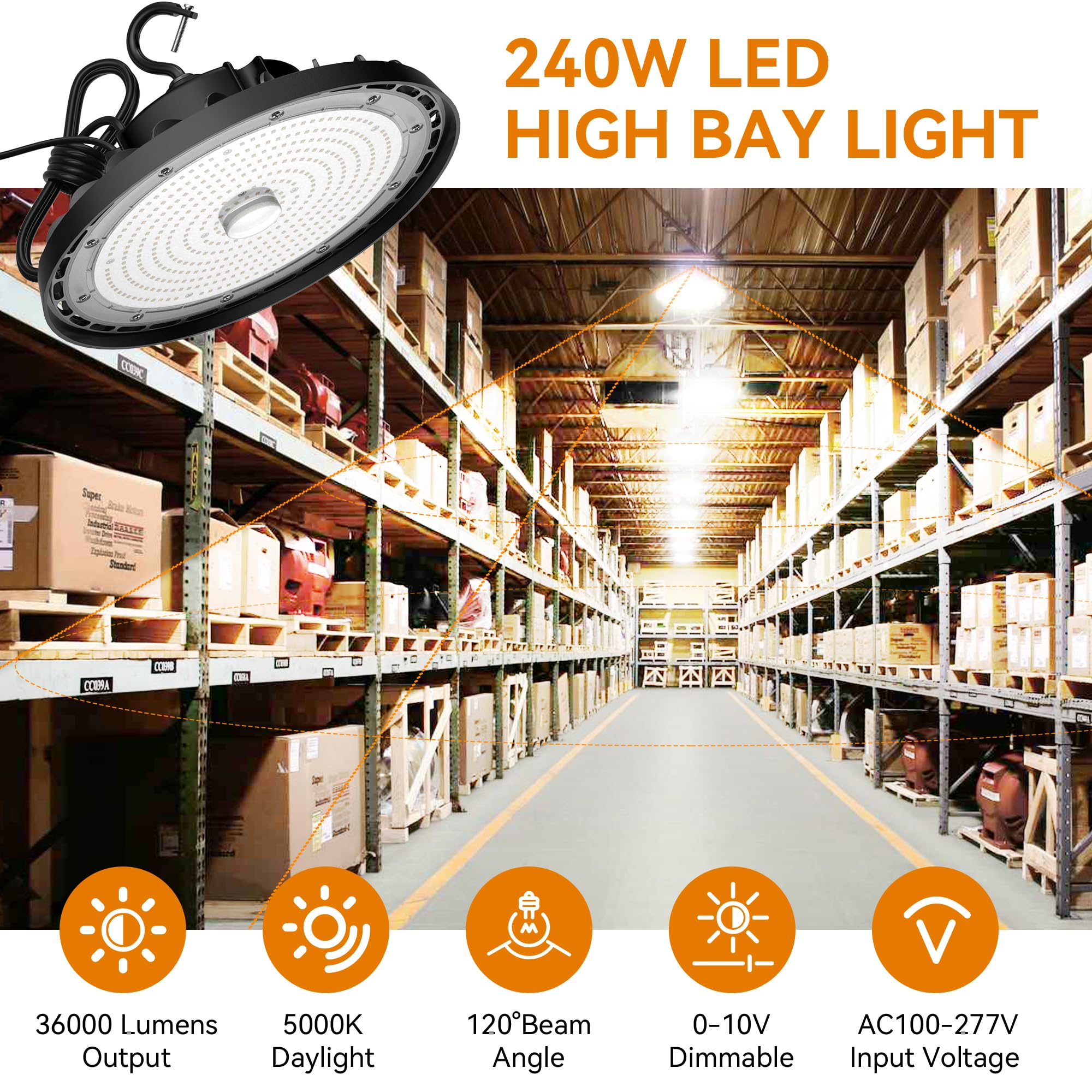 Shinewoo Ufo Led High Bay Light 240W 36,000Lm 5000K Daylight, High Bay Led Shop Light 0-10V Dimmable With Us Plug 5 Cable, Comme