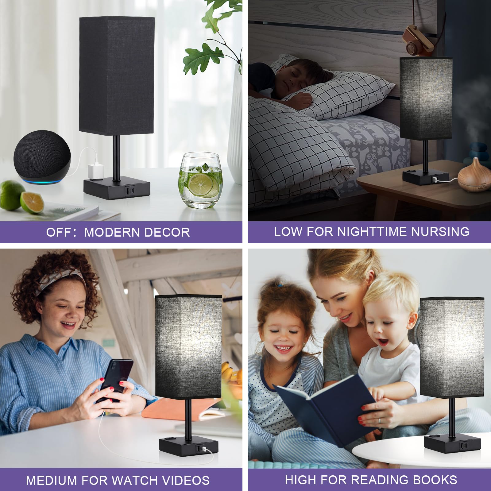 aooshine Black Touch Lamp with USB-C & AC Outlets, 800 Lumens, 14.0 in, Linen Shade, Square Design for Bedroom & Office