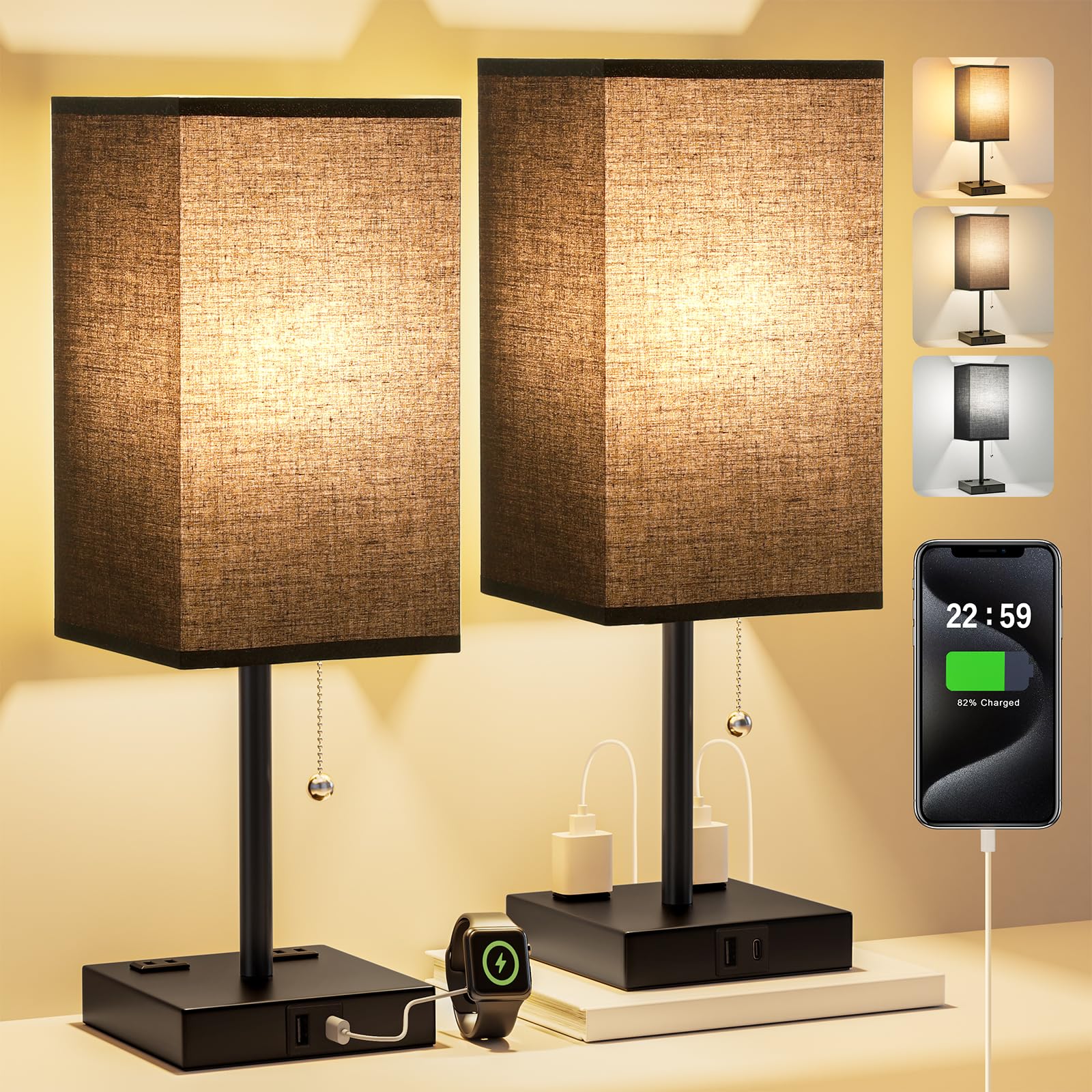 Balck Table Lamps For Bedroom Set Of 2 Nightstand - 17.4In Tall, 3 Color Bedside Lamps With Ac Outlets And Usb A & C For Chargin