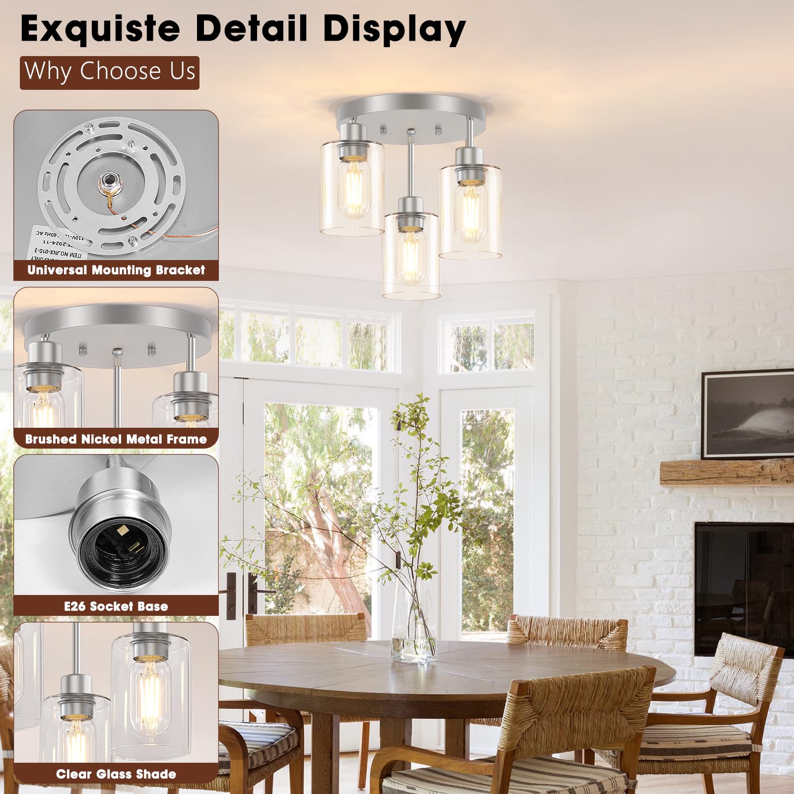 Feanron 3-Light Brushed Nickel Flush Mount Ceiling Light, Hallway Light Fixtures Ceiling Mount With Clear Glass Shades, Modern C