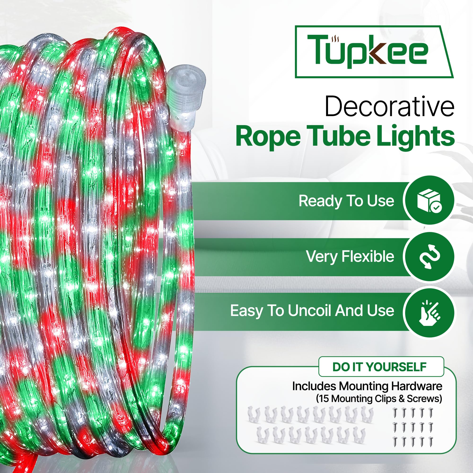 Tupkee LED Rope Light - 24 Feet, Red/Green/Clear, PVC Tube, 144 Long Life Bulbs, Indoor/Outdoor Use, Model RL-24-R/G/C