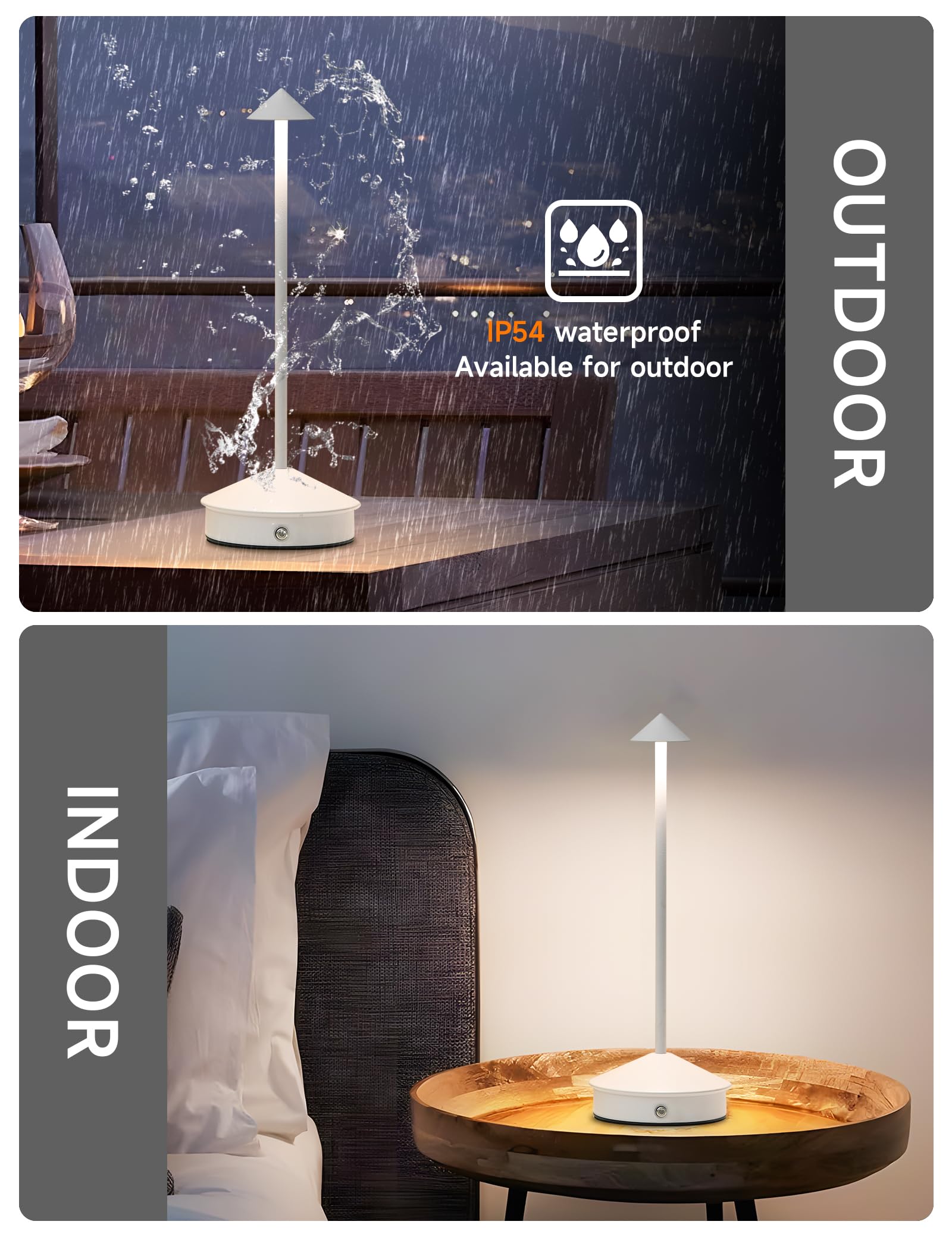 KROPTIB LED Rechargeable Table Lamps, Portable Touch Dimmable, Waterproof, Set of 2, White, Model ttl-jj-wh-2-n