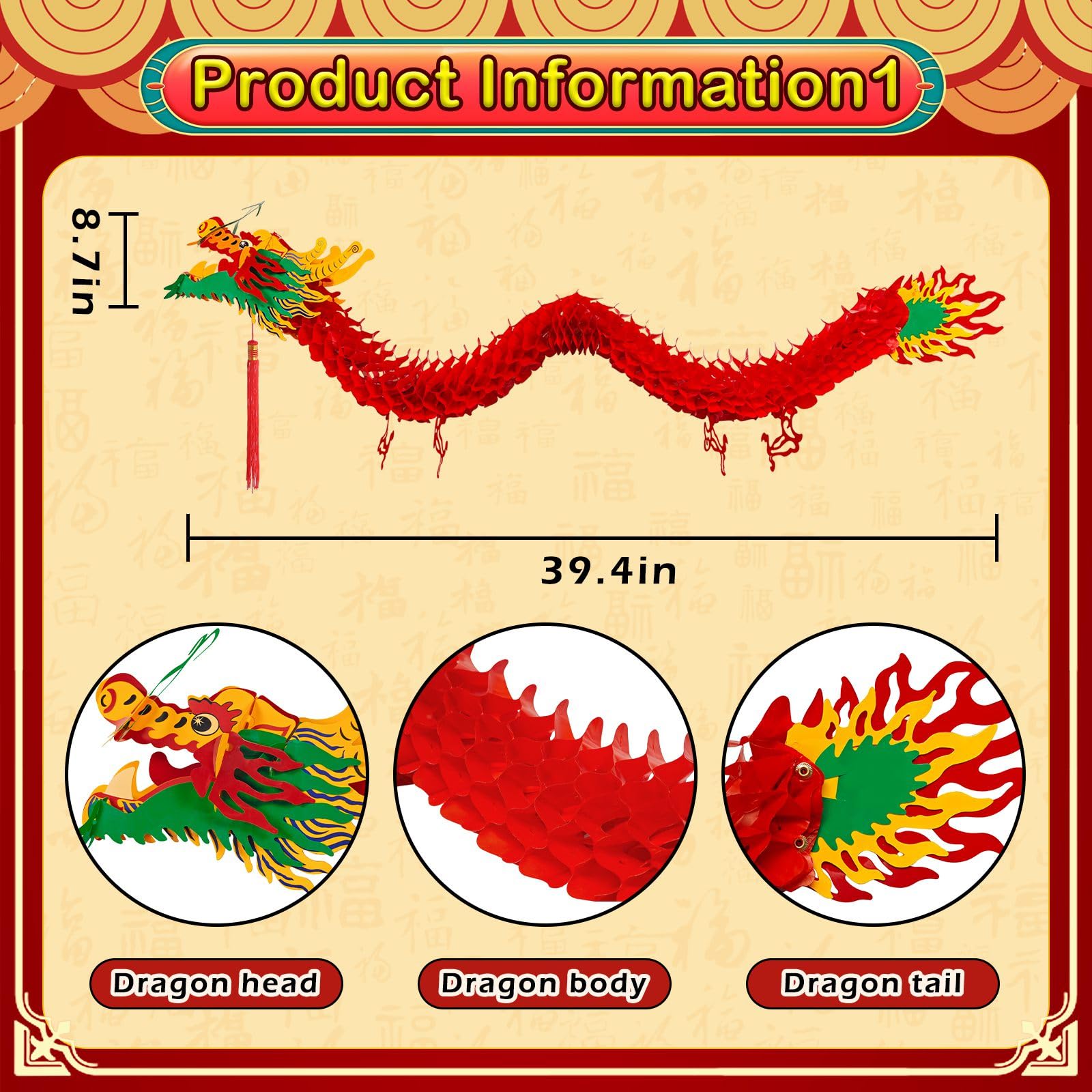 Peywot 3D Chinese Dragon Decoration Set with 12 Red Lanterns, Plastic Paper, Spring Festival, Lunar New Year 2026