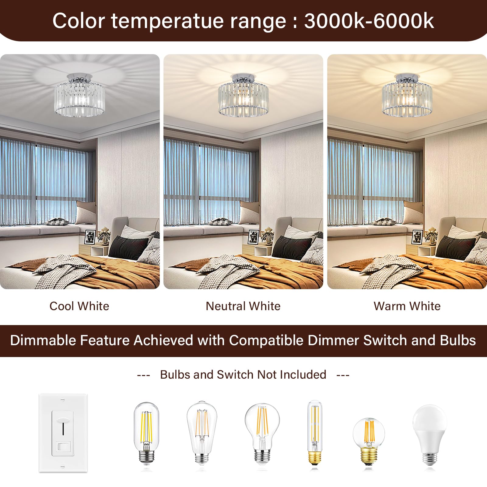 Pevfah Crystal Chrome Ceiling Light, Modern Semi Flush Mount Ceiling Lighting Fixture, Round Hallway Ceiling Lights For Bathroom