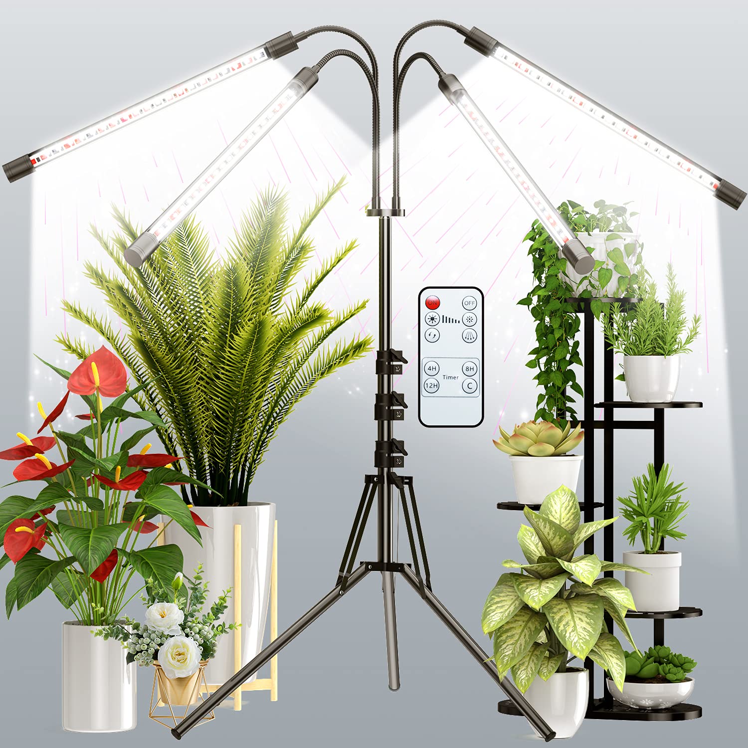 Frenan Grow Light With Stand, Grow Lights For Indoor Plants With Full Spectrum, 10 Dimmable Brightness, 4/8/12H Timer, 3 Switch
