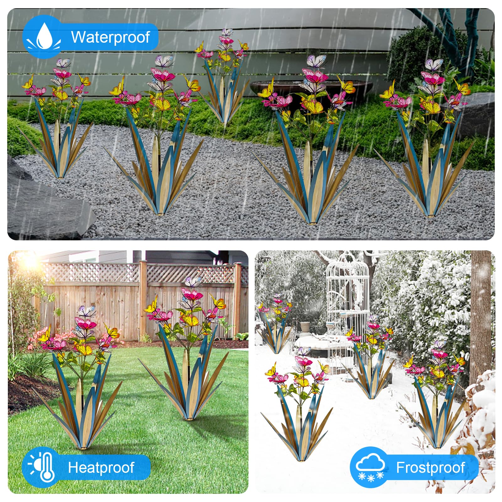 Garden Outdoor Butterfly Enlarge Thickened Wind Resistant Metal Agave Garden Art Metal Plant Country Garden Sculpture Statue Decorations Ornaments Artificial Waterproof Butterflies (Blue 3Pcs)