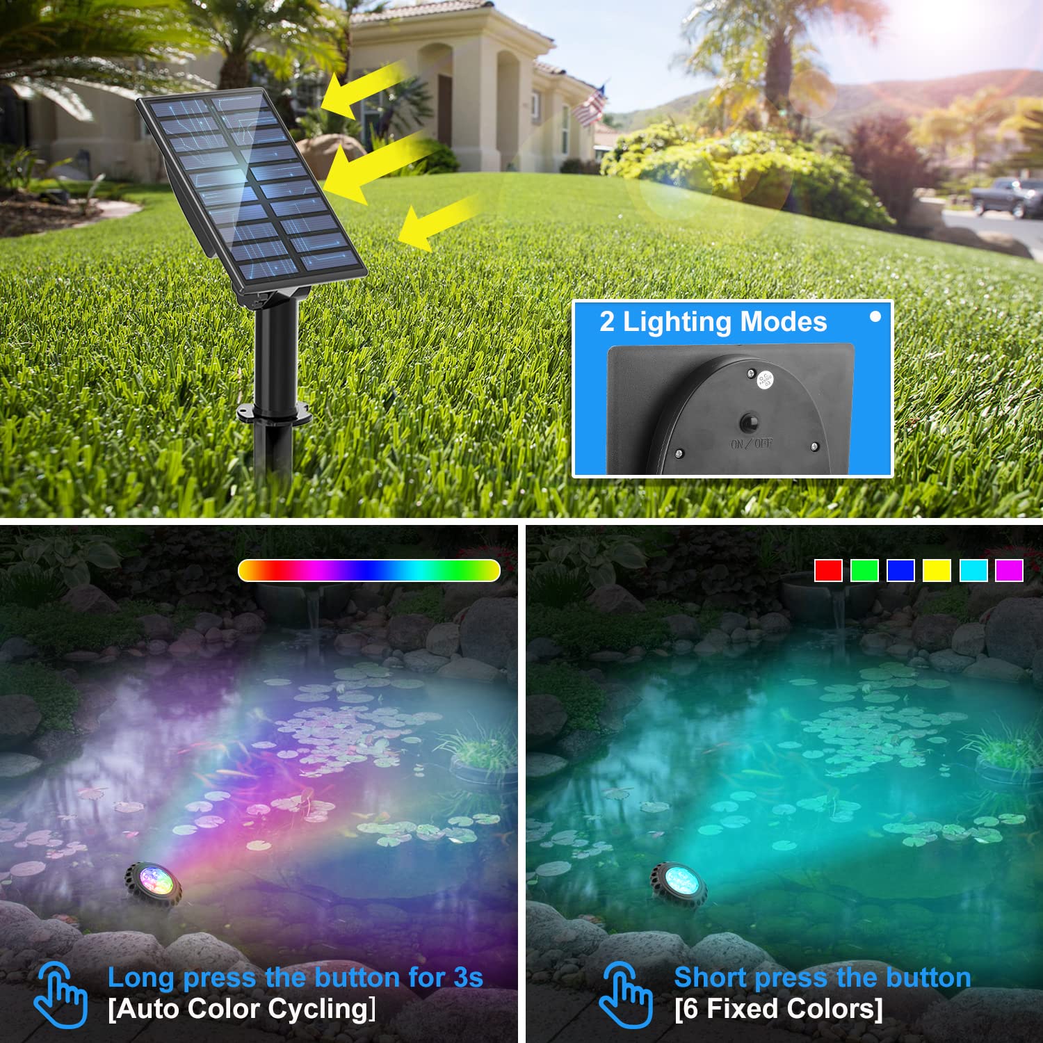 T-SUN Solar Fountain Lights Submersible LED Underwater Pond Lights IP68 Waterproof - 3 Lights RGB Model TS-S5405