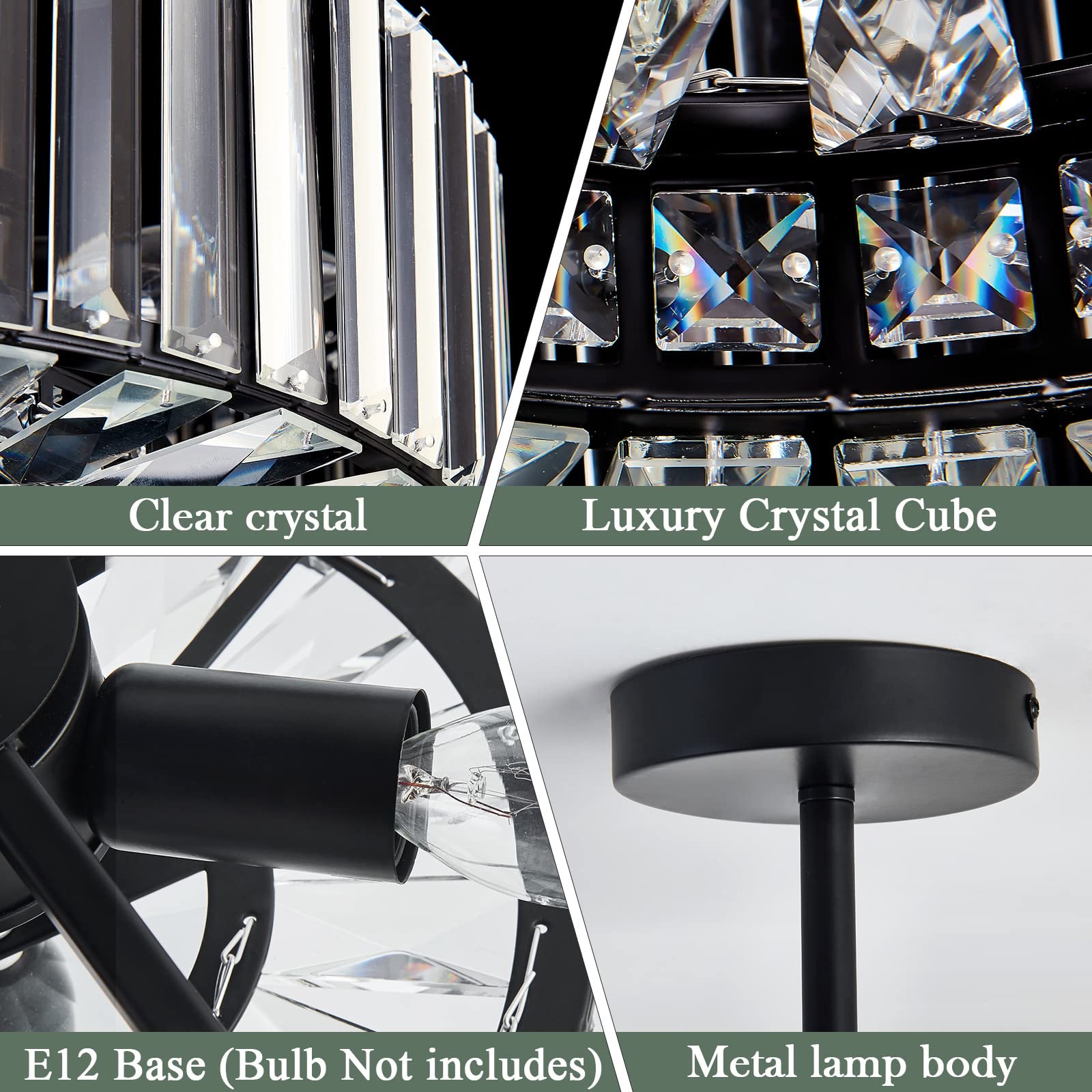 Piepooye Modern Crystal Chandelier, Black Round Semi Flush Mount, R-2041, Ideal for Dining Room, Living Room, Kitchen, Hallway