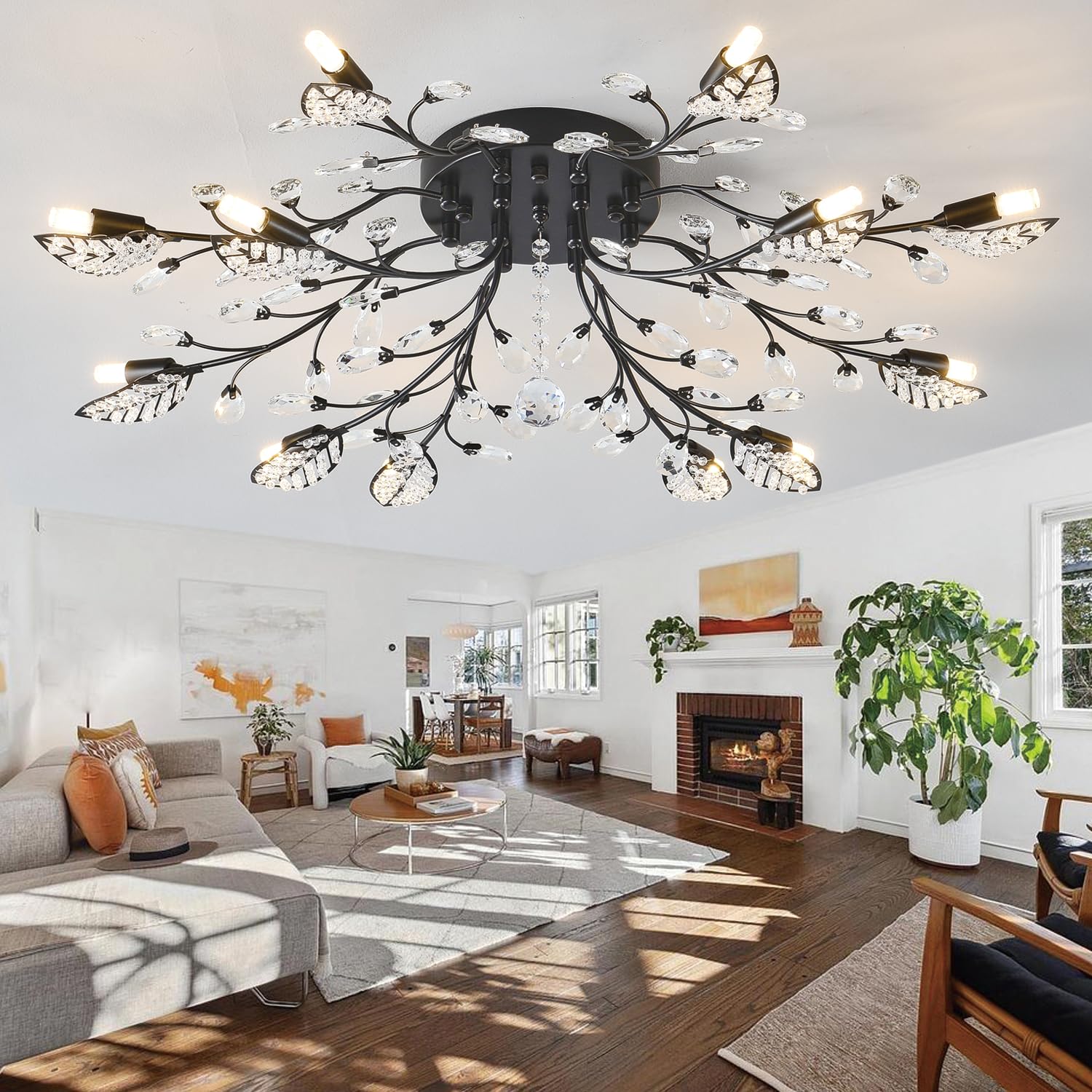 Modern Crystal Ceiling Light Fixture,Semi Flush Mount Chandeliers,Crystal Leaf Ceiling Light, Chandeliers for Dining Room,Living