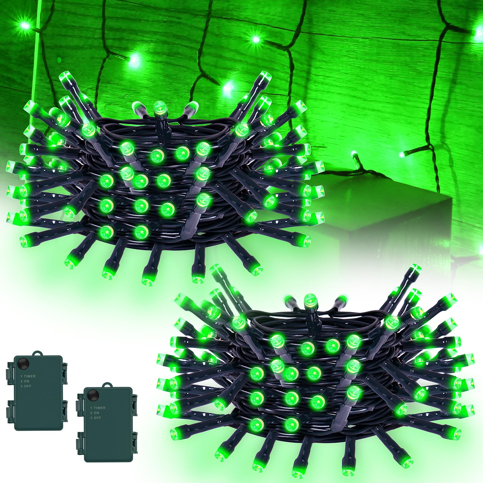 cshare Green String Lights Battry Operated with Timer Waterproof, Halloween String Lights for Outside 16.4ft 50LED Indoor Outdoo