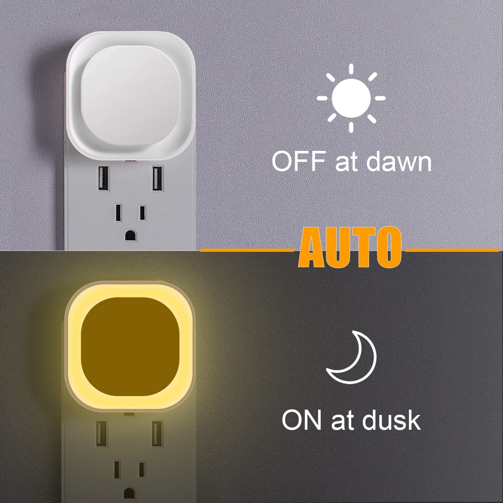 Yunlex 4 Pack Plug In Dimmable Night Lights, Soft Warm White, Auto Dusk To Dawn Sensor, Square Nightlights For Bathroom, Hallway