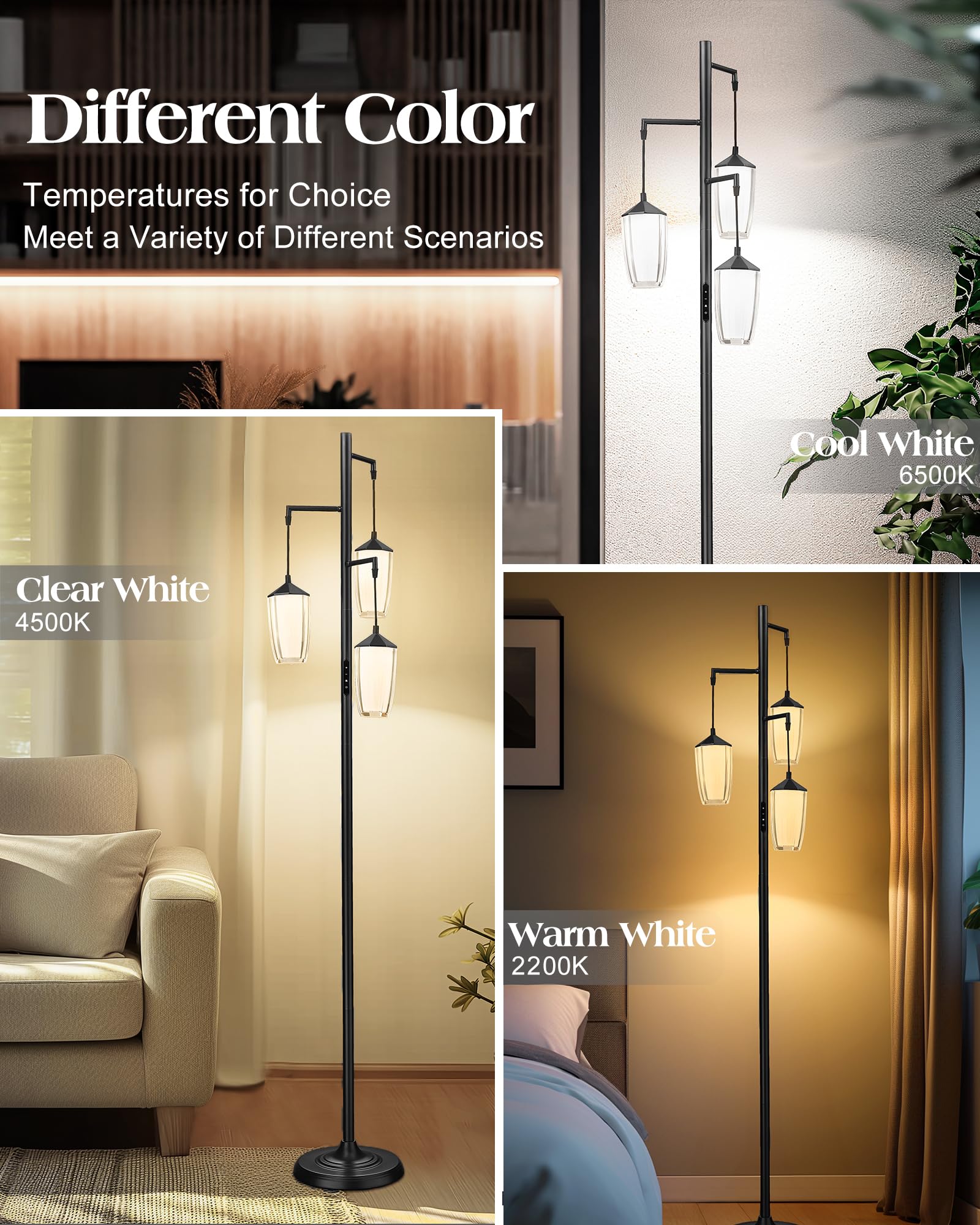 Elyona Modern Dimmable Floor Lamp, 3-Light Standing Lamp With Remote & Touch Control, Stepless Adjustable 2200K-6500K Colors & B