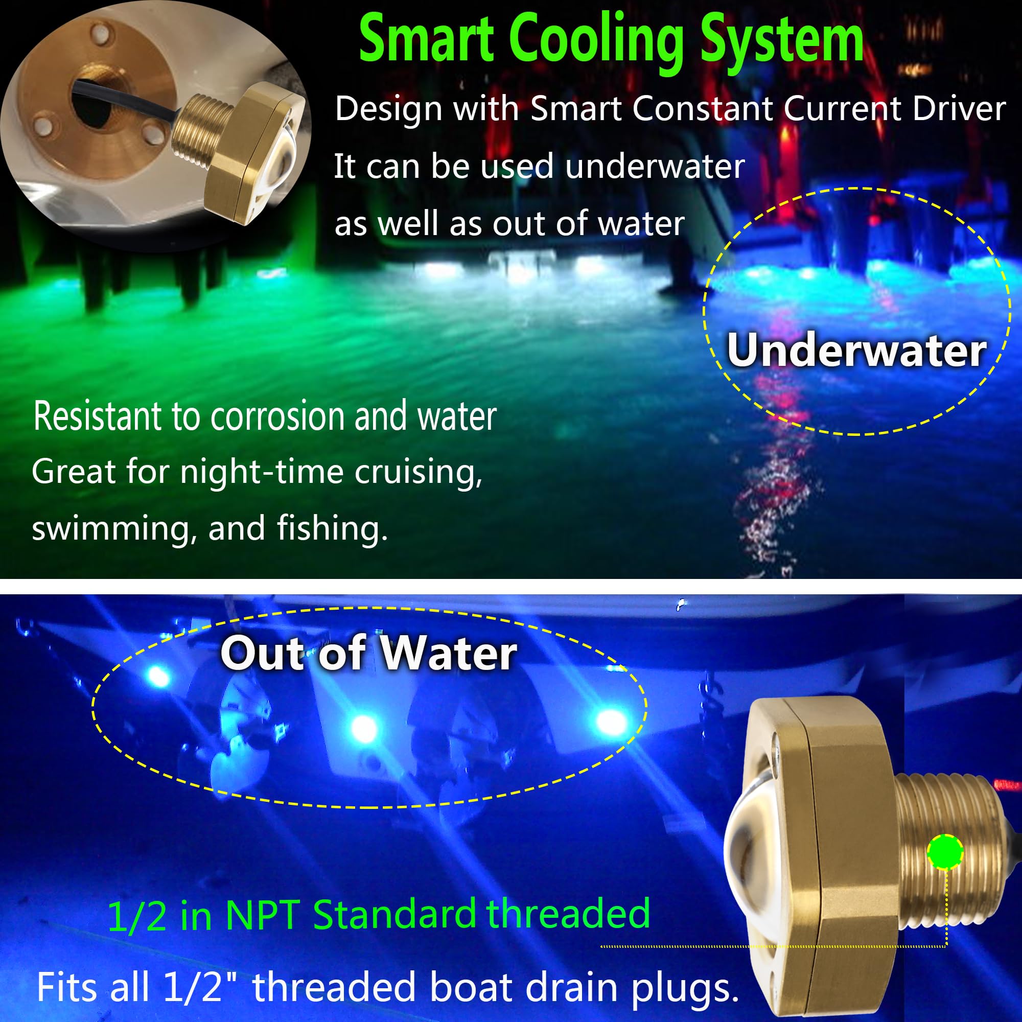 NBWDY RGBW LED Boat Drain Plug Light - 2 Pcs, IP68, Marine Grade Bronze, APP Remote Control, 4100LM Underwater Lighting