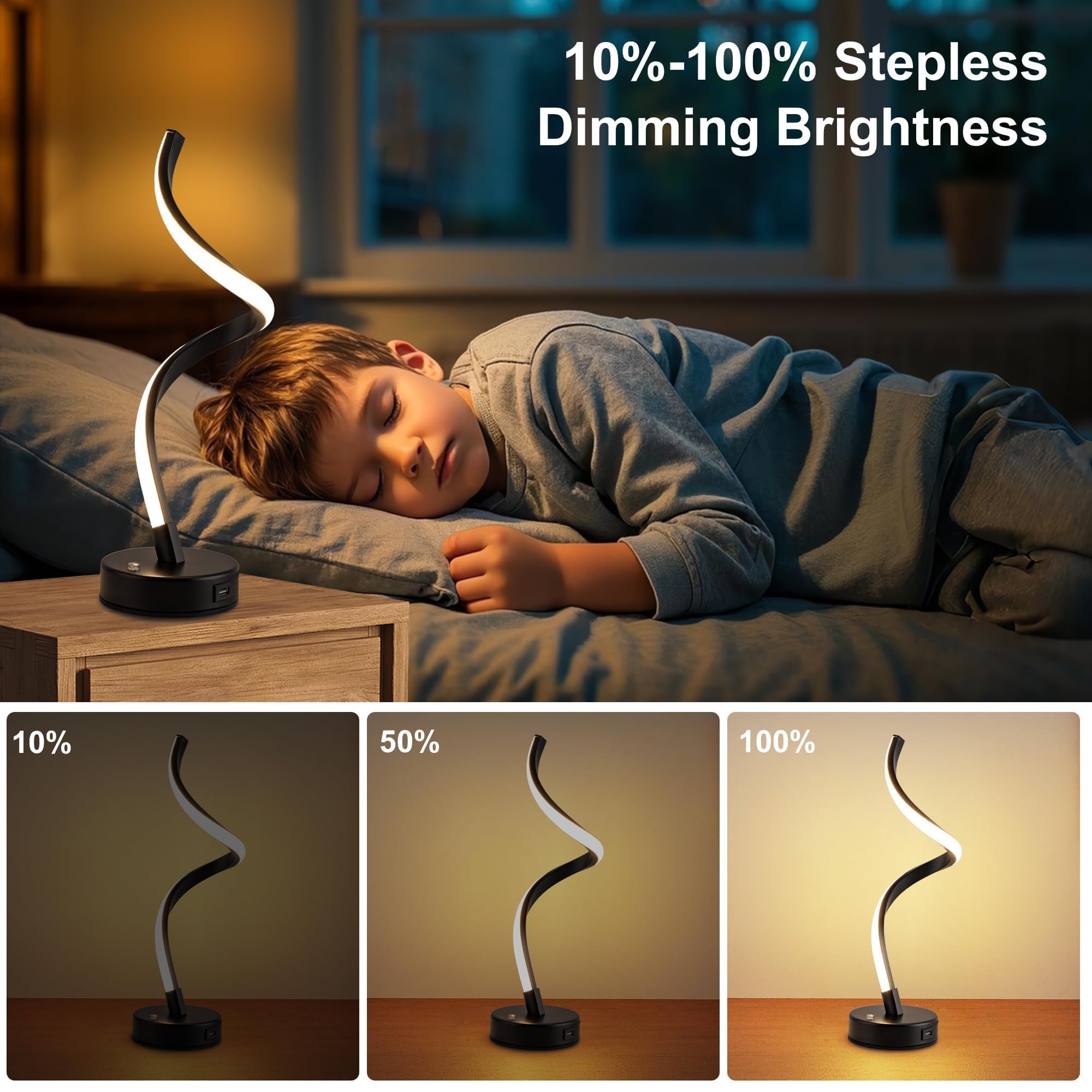 Adebime Spiral Led Touch Lamp - Adjustable Brightness Table Light For Bedroom, Living Room & Office, 3000K Warm White, Black