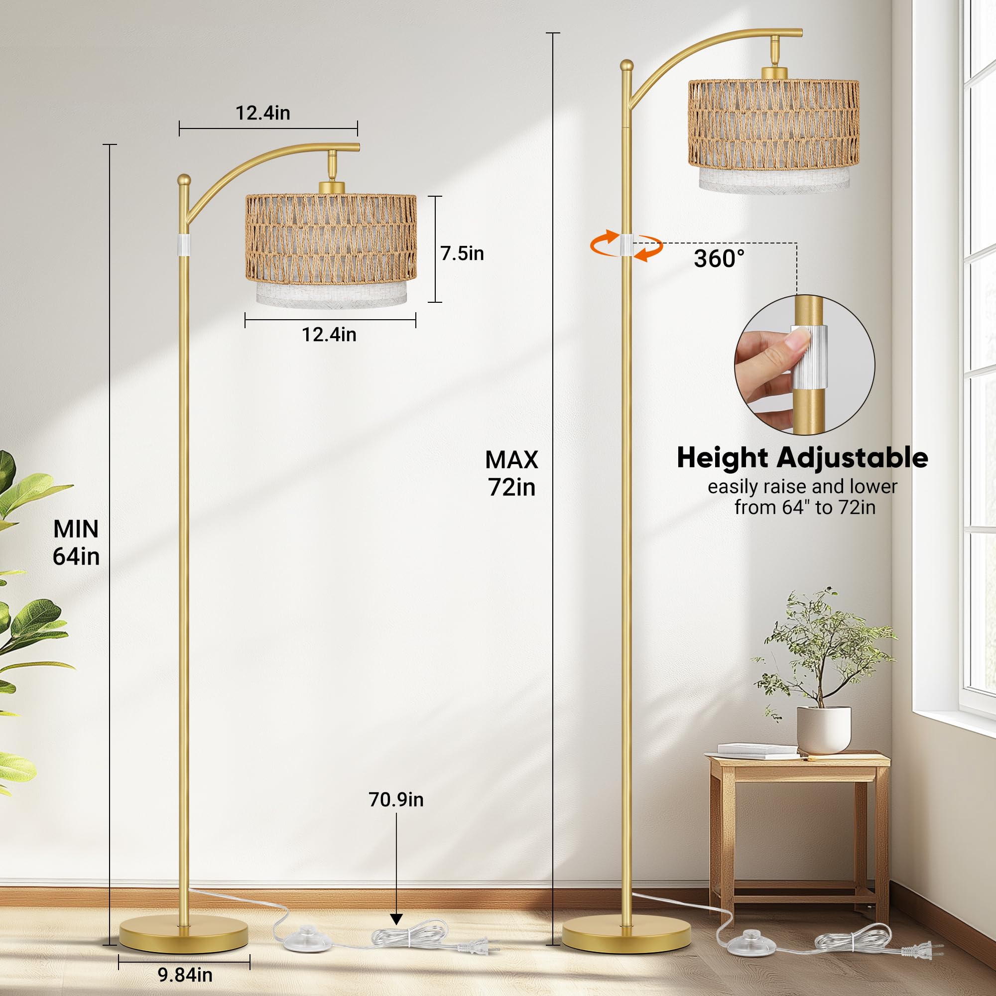 ROTTOGOON Rattan Floor Lamp, Boho Iron Arc Lamp with Linen Shades, Medium Size, Gold & Brown, Model ROFP100AJ1