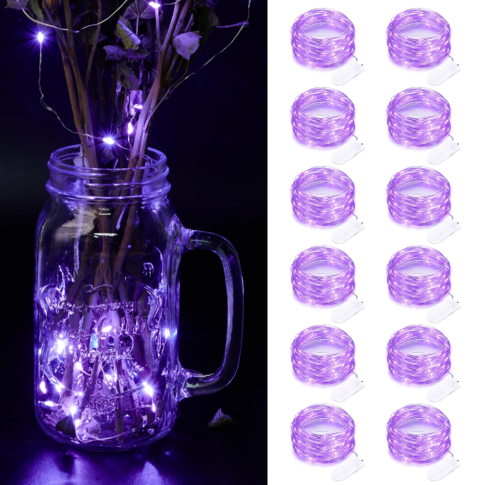 CAMANTU Fairy Lights 12 Pack, 7FT, 20LED, Battery Operated, Waterproof, Silver Wire, Purple for Mason Jar, Bedroom, Party, Wedding Decor