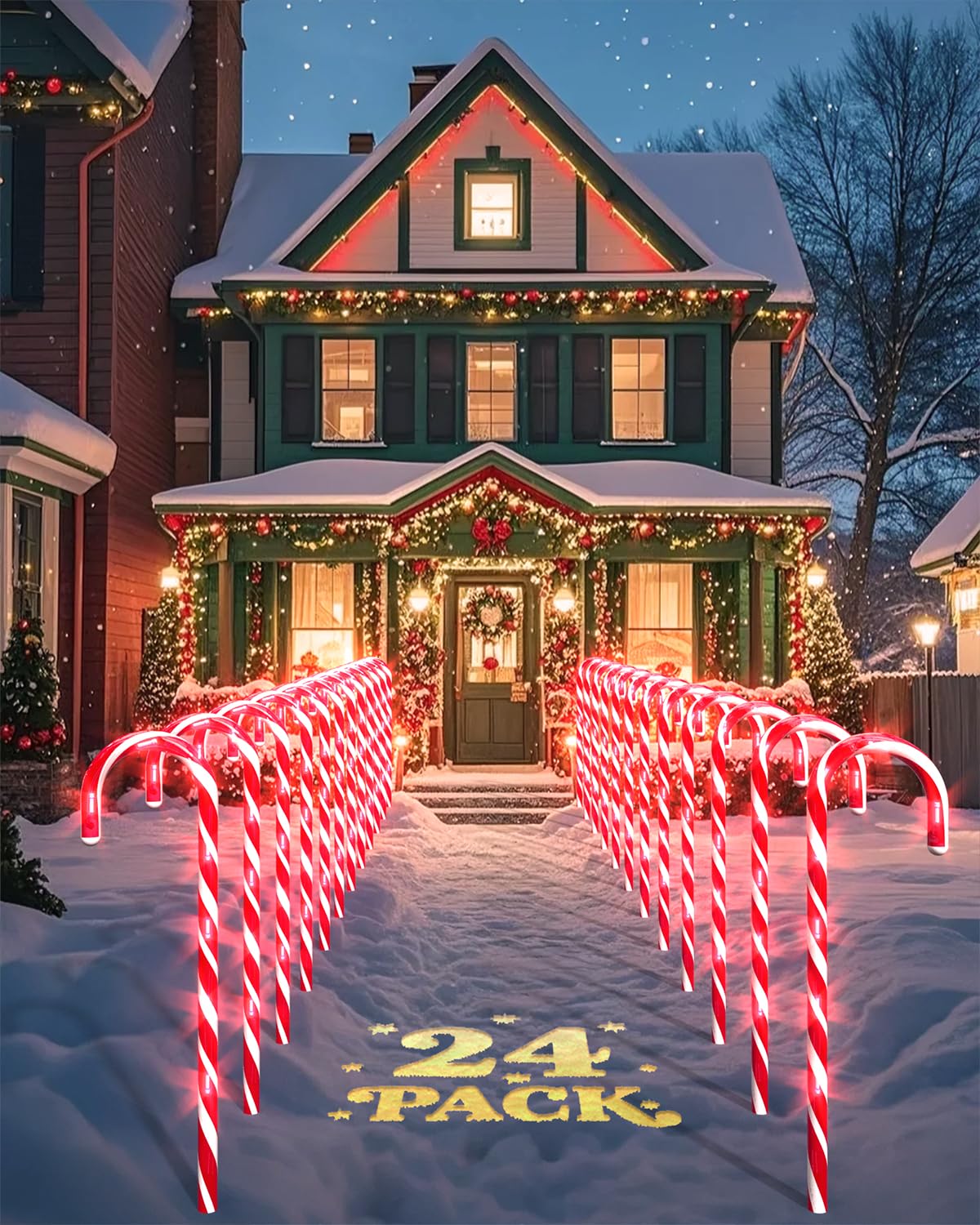COOLWUFAN 24 Pack 22 Christmas Candy Cane Pathway Markers  Christmas Outdoor Decorations Pathway Lights with 144 Warm Lights for Christmas Holiday Party Walkway Patio Garden Yard Lawn Decor