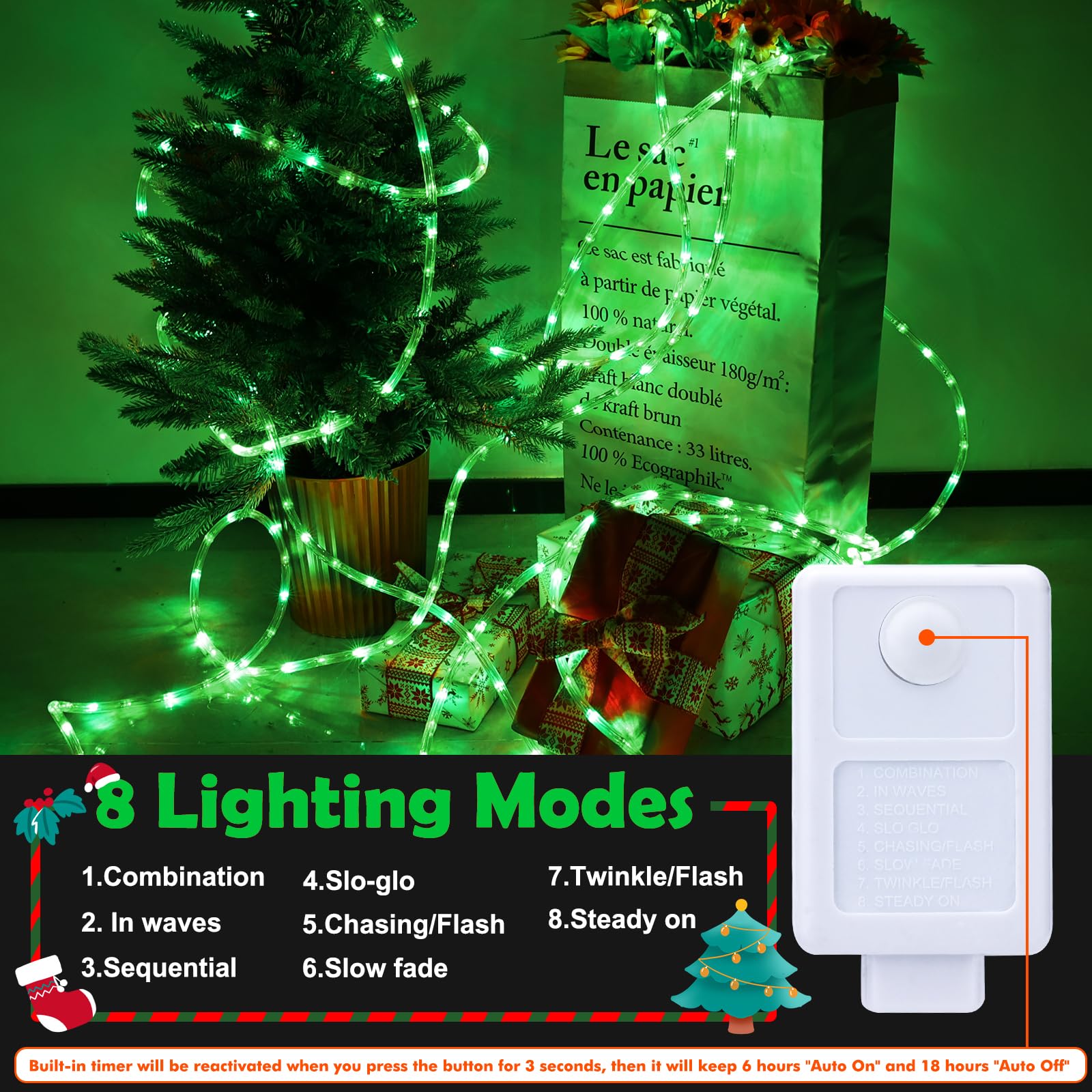 Jnaurb 150ft LED Rope Lights Outdoor, 1080 LEDs, Waterproof, Green, Flexible Tube Lights for Garden, Patio, Indoor/Outdoor Decor
