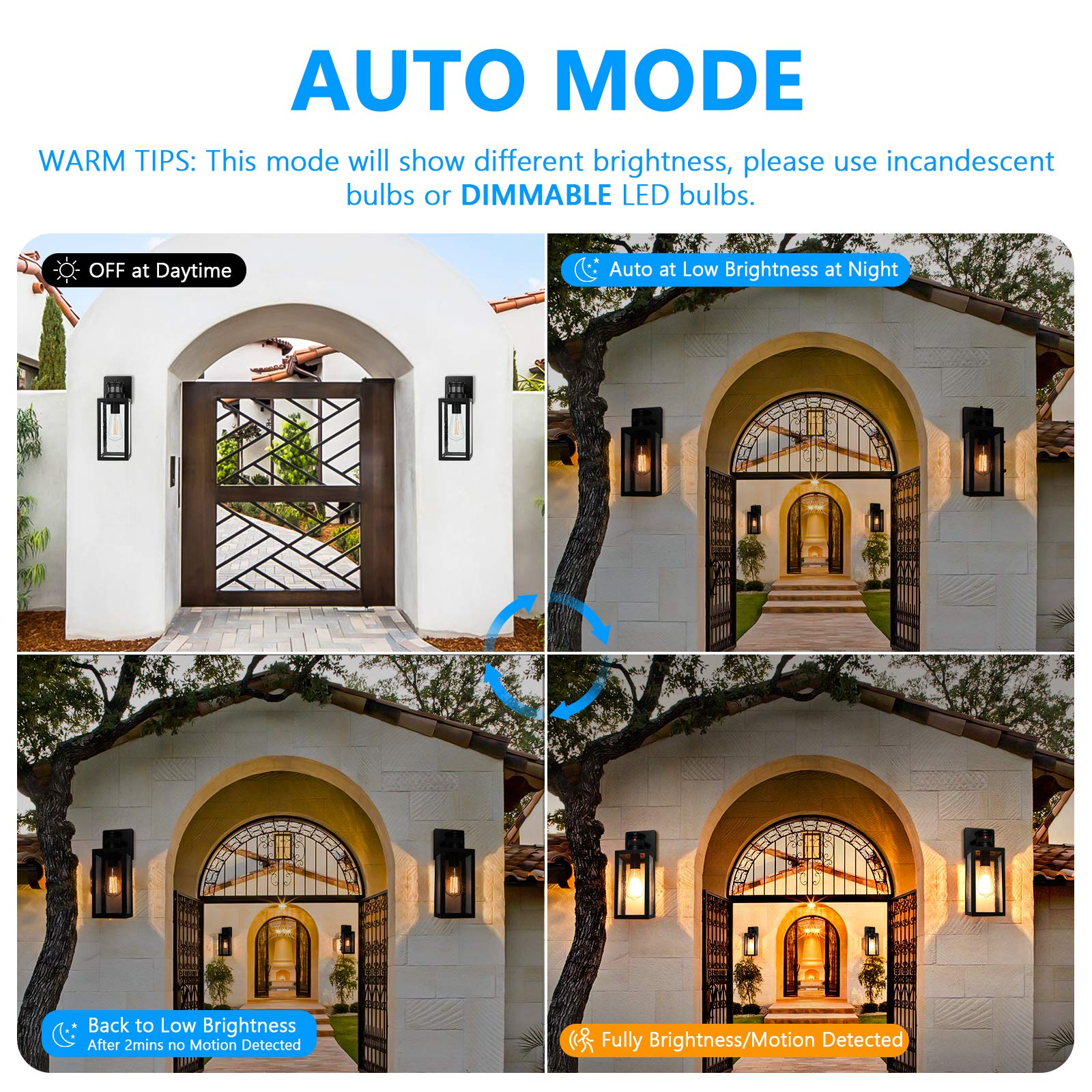 Lakumu 2-Pack Motion Sensor Outdoor Wall Lanterns, Waterproof Sconce with Seeded Glass, E26 Socket, Black/Clear, Model B05023PG(2PK)