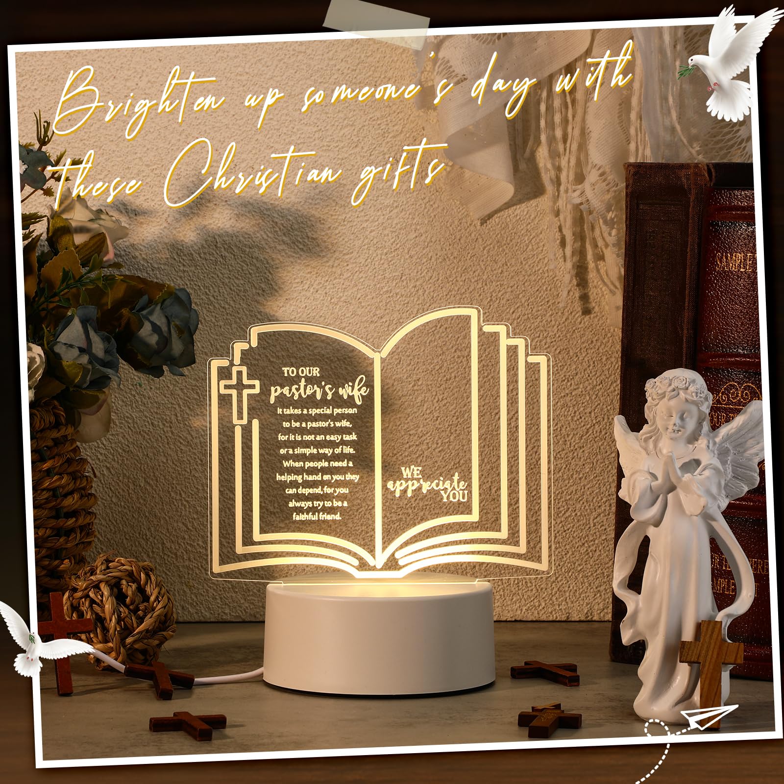 Kosiz Pastor Appreciation Gift Engraved Thank Clergy Sayings Acrylic Night Led Light With Base Christian Inspirational Desk Deco