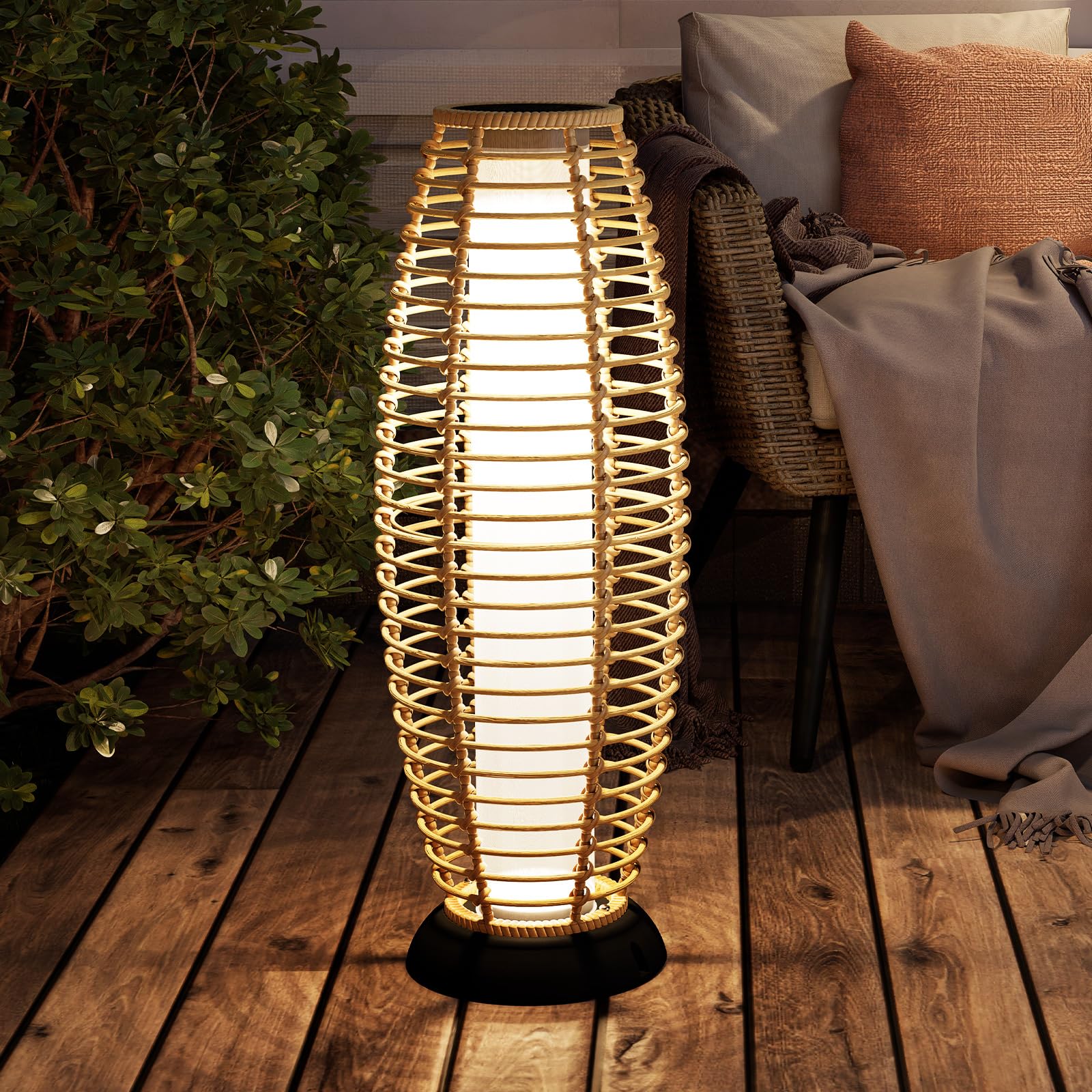 Grand patio Outdoor Floor Lamp Solar Powered Rattan Deck Light, Large, Austin Natural Brown, Weather-Resistant, Model AUSTIN