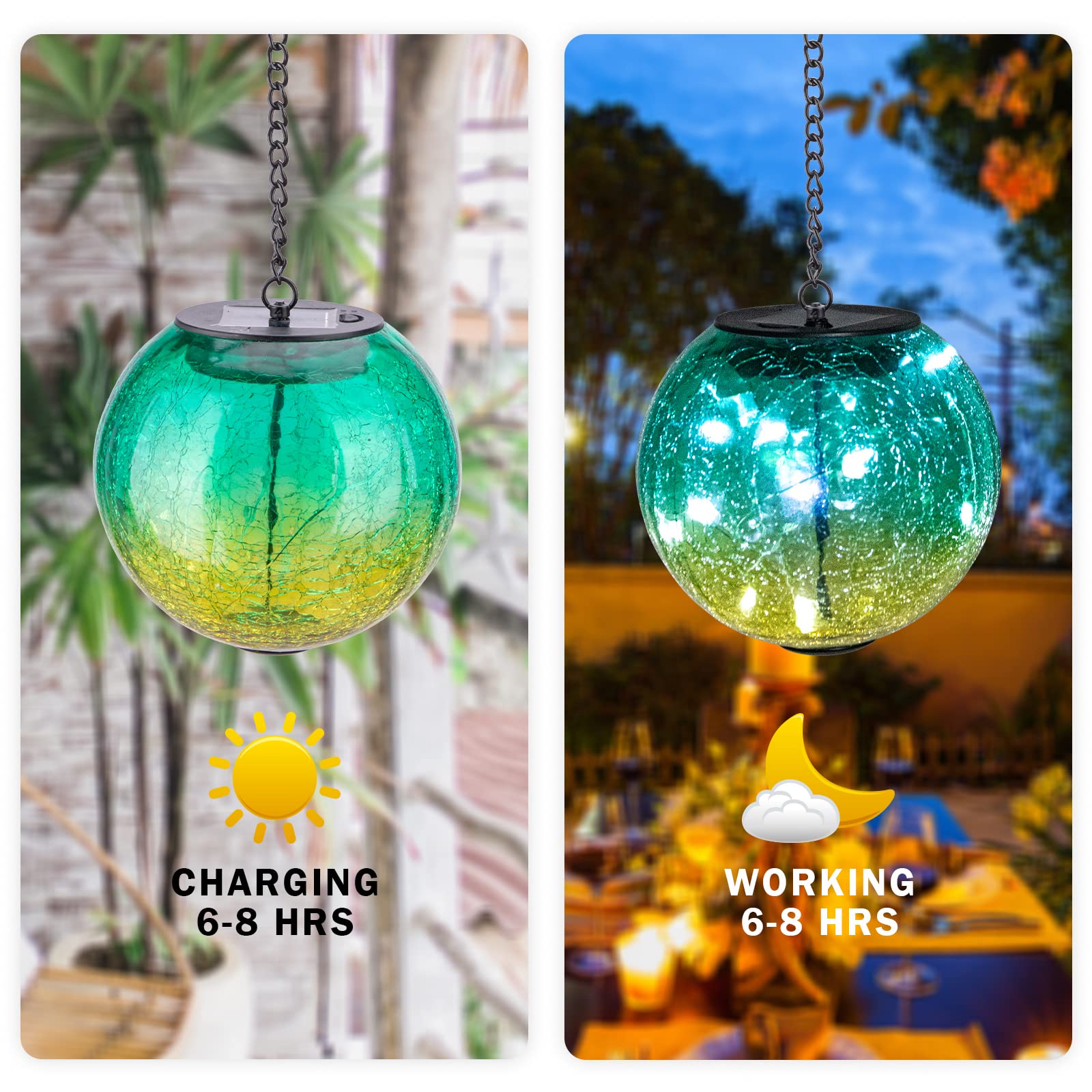 Wonder Solar Green Hanging Solar Lanterns - Waterproof Led Cracked Glass Ball Lights For Outdoor Decor