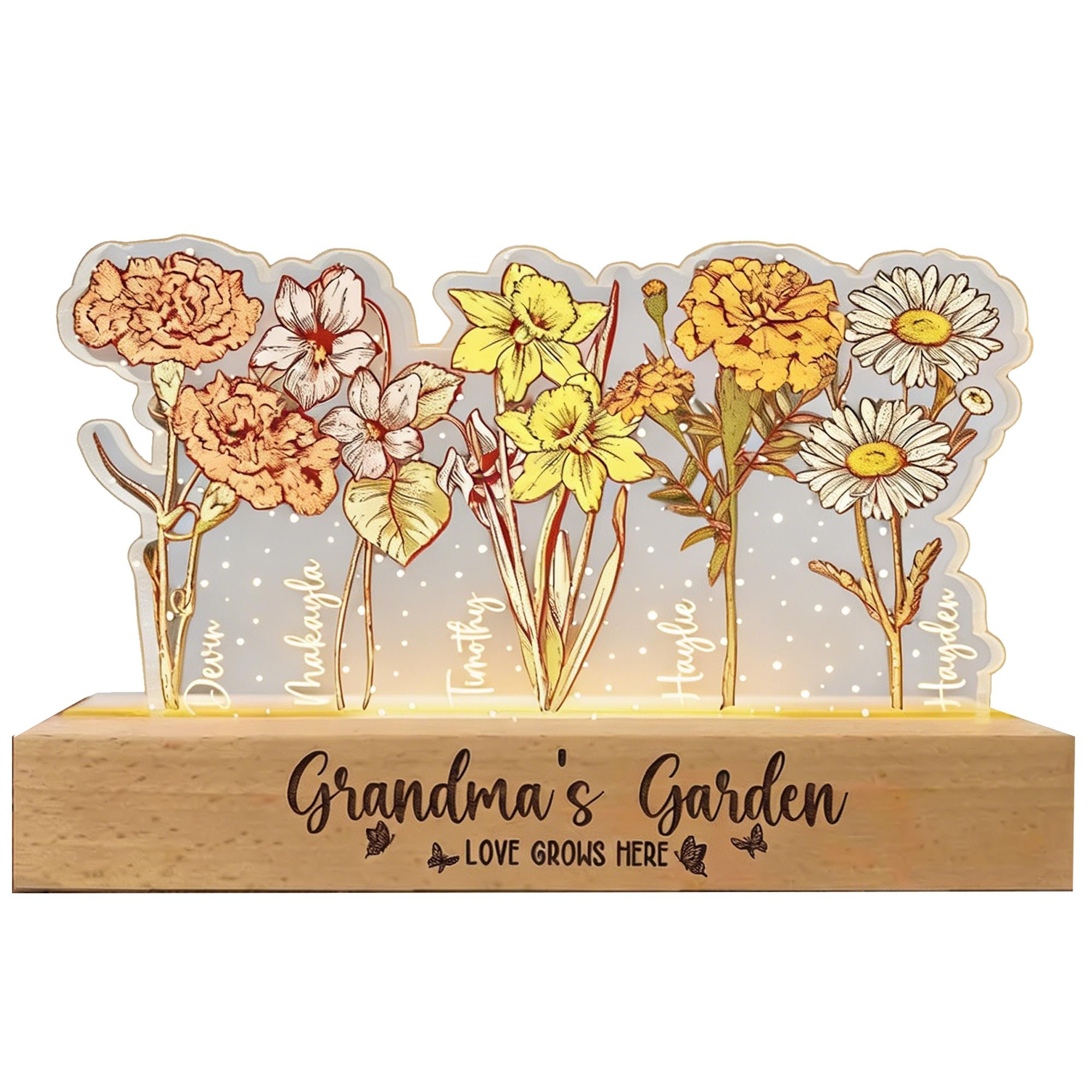 ROSLILY Custom Moms Garden Light Up Sign, Personalized Birth Month Flower Frame with Kids Names, LED Light Up Flowers for Mom 
