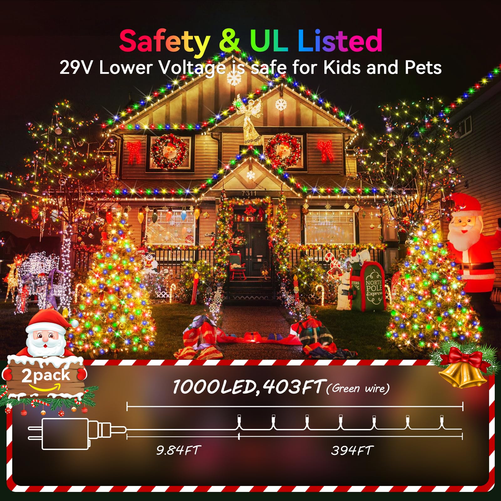Hezbjiti 2 Pack 1000 Led 403 Ft Christmas String Lights Outdoor  8 Lighting Modes Ip44 Waterproof Fairy Lights With Timer And Dimmable Function For Party Tree Decorations (Multicolor  Green Wire)