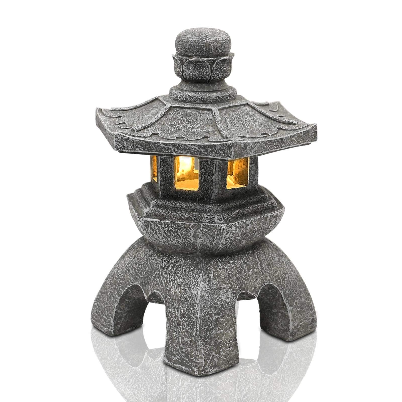 Nacome Solar Pagoda Lantern Garden Statue, Gray Polyresin Outdoor Decor for Patio, Porch, Garden