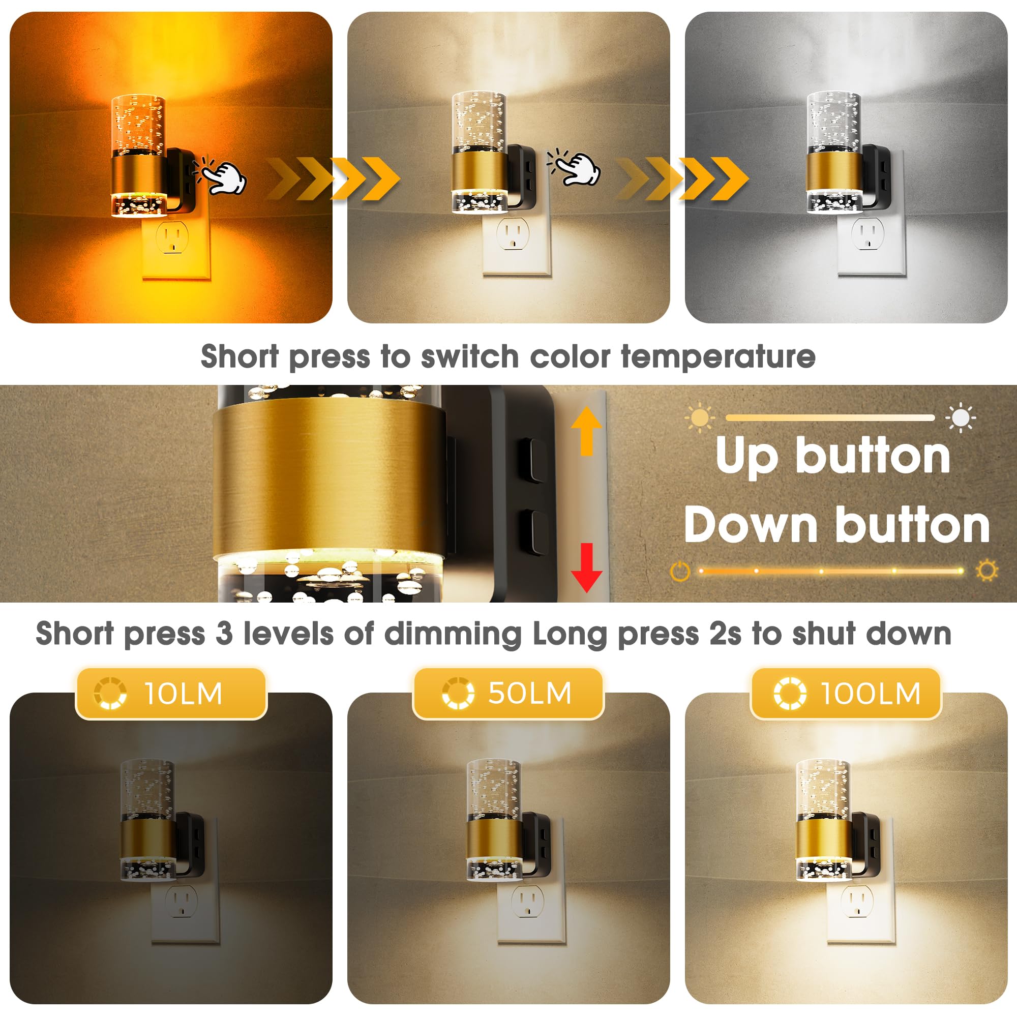 Night Lights Plug Into Wall, Dimmable Night Light With Dusk-To-Dawn Light Sensor, Soft White/Cool White/Amber 3 Light Color, Adj