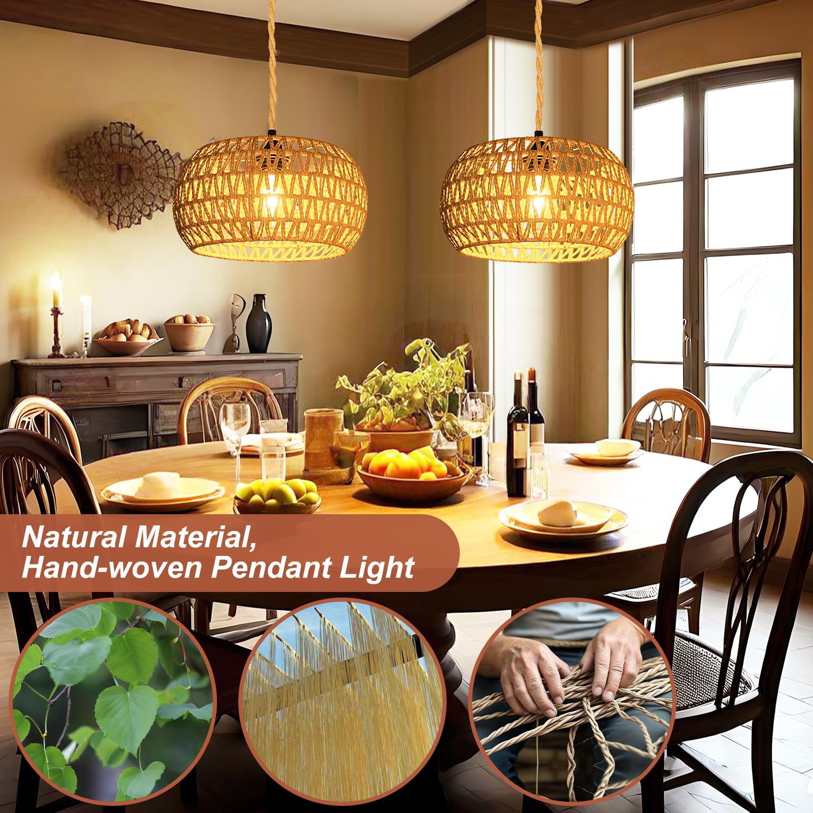 Eqquorva Plug In Pendant Light,Rattan Hanging Lights With Plug In Cord,Handmade Hanging Lamp Plug In,Rattan Light Fixtures Ceiling Hanging For Living Room Bedroom