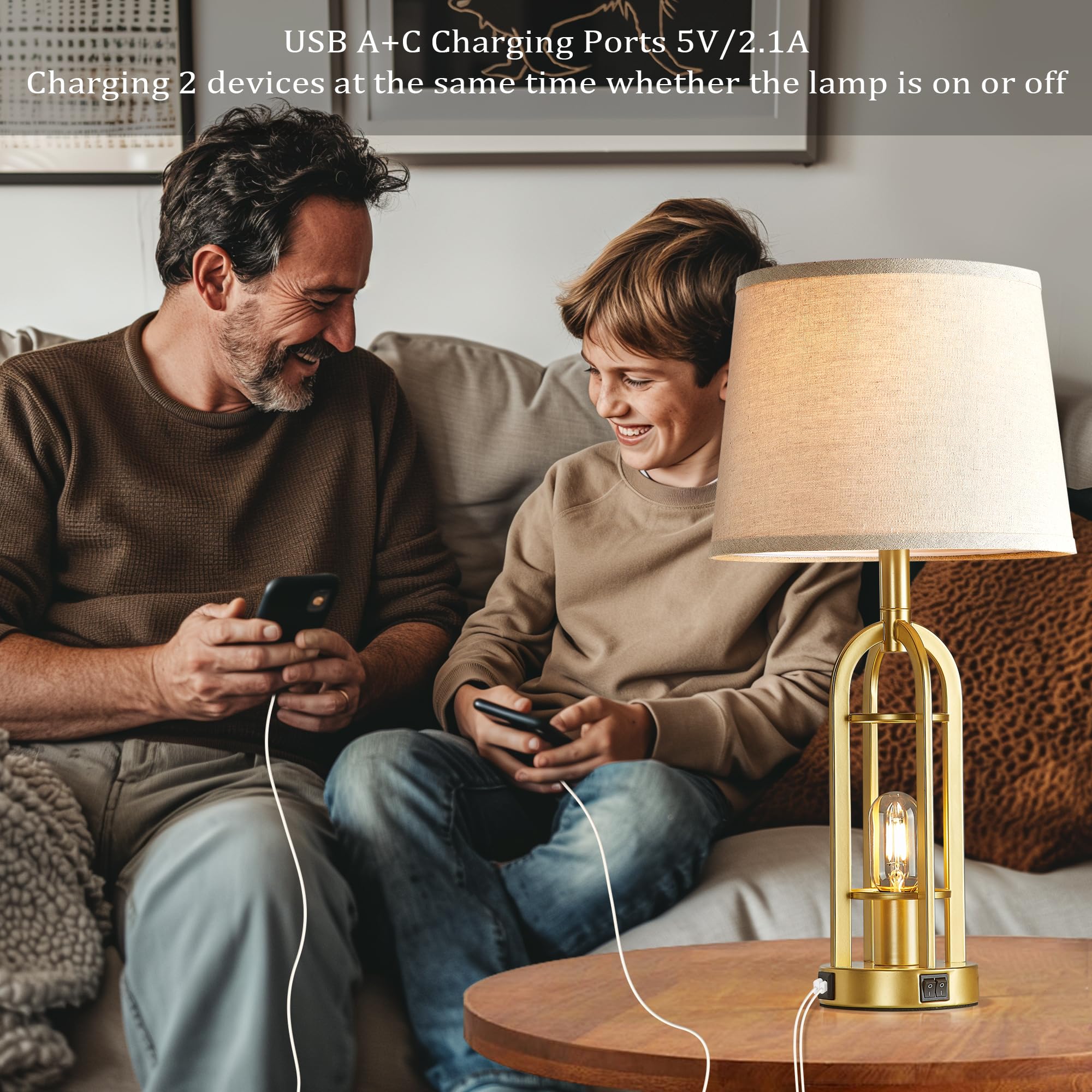 SRJJA Gold Table Lamps Set of 2 - Modern Farmhouse USB Nightlights, 24'' Button Switch, Ideal for Living Room and Bedroom