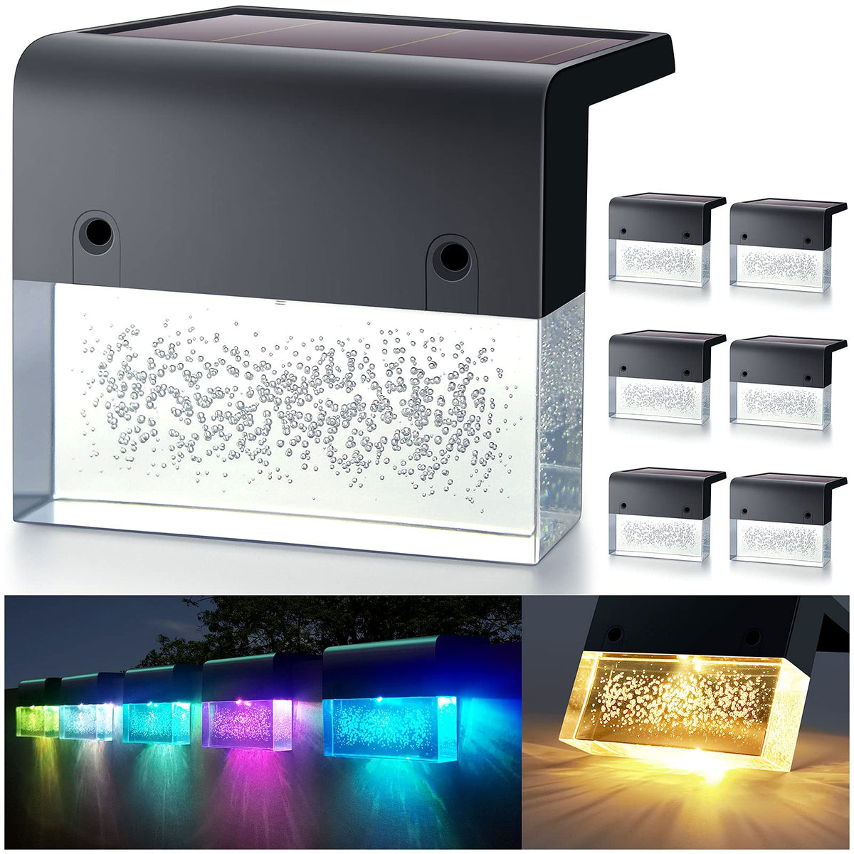 Denicmic Solar Deck Lights, 10 Lumens Led Step Lights, 6 Pack, Warm White/Color Changing