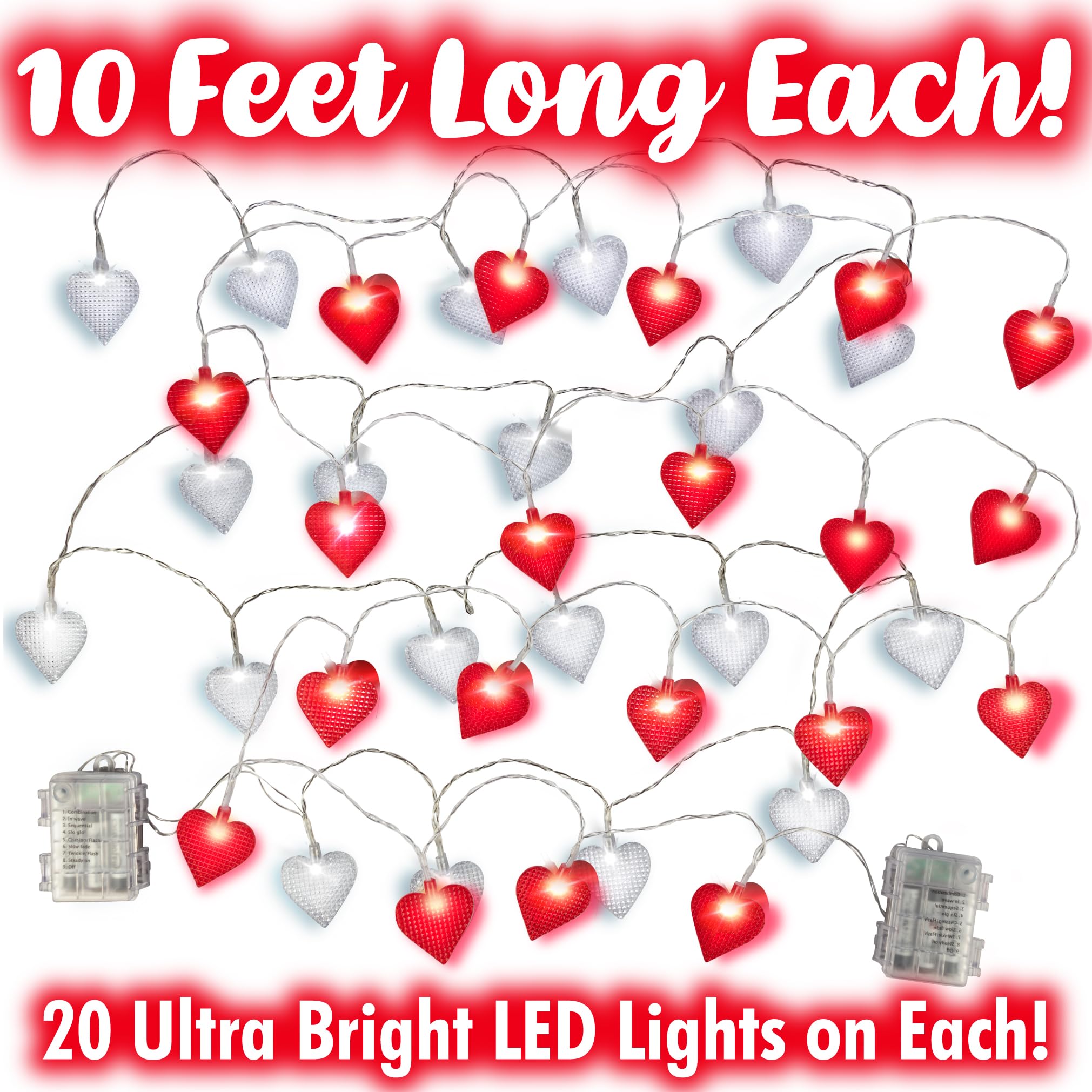 Valentines Day Red & White Heart 10ft String Lights- 2pk w 40 Total LED Fairy Lights- Easy to Hang & Battery Powered- 9 Differen