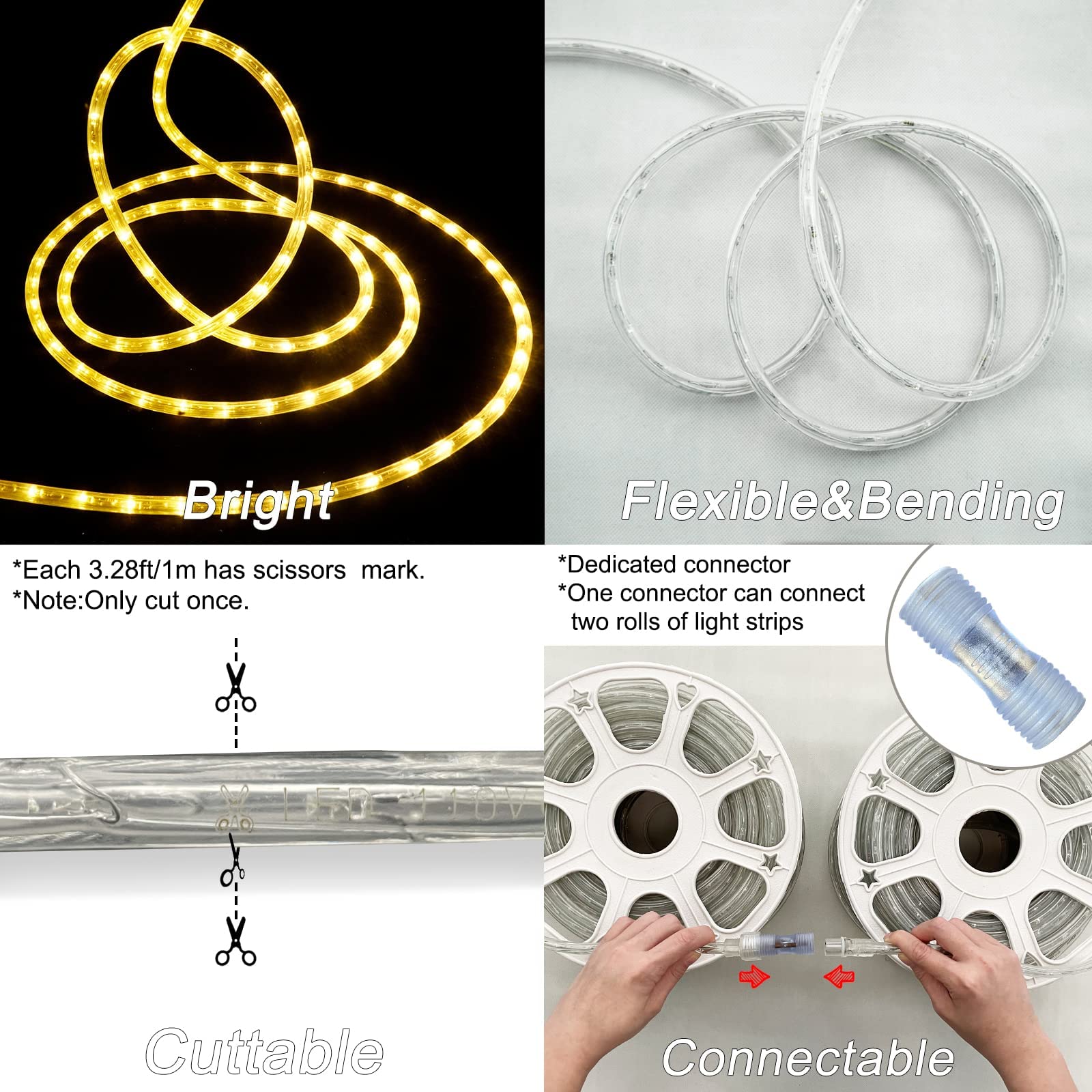 Surnie 150Ft Led Rope Lights Outdoor: Waterproof Flexible 110V 3000K Warm White Led String Light - Cuttable Connectable Clear Lighting Tube For Indoor Stairs Patio Garden Party Decor, Not Flat Strip