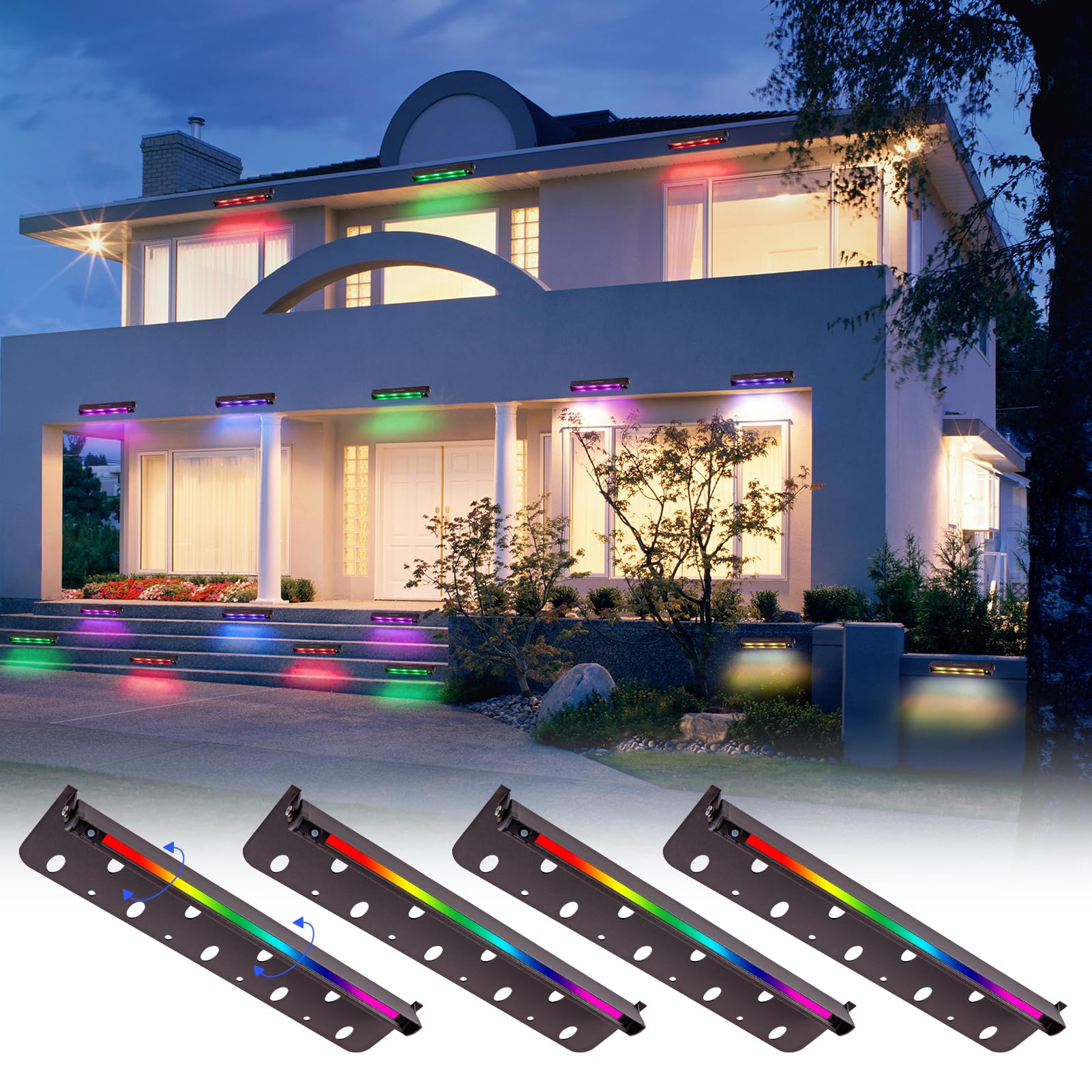 Kwinmyso RGBW LED Hardscape Lighting - 7" Swivel Paver Lights, 8 Pack, Low Voltage, 50,000 Hours Lifespan