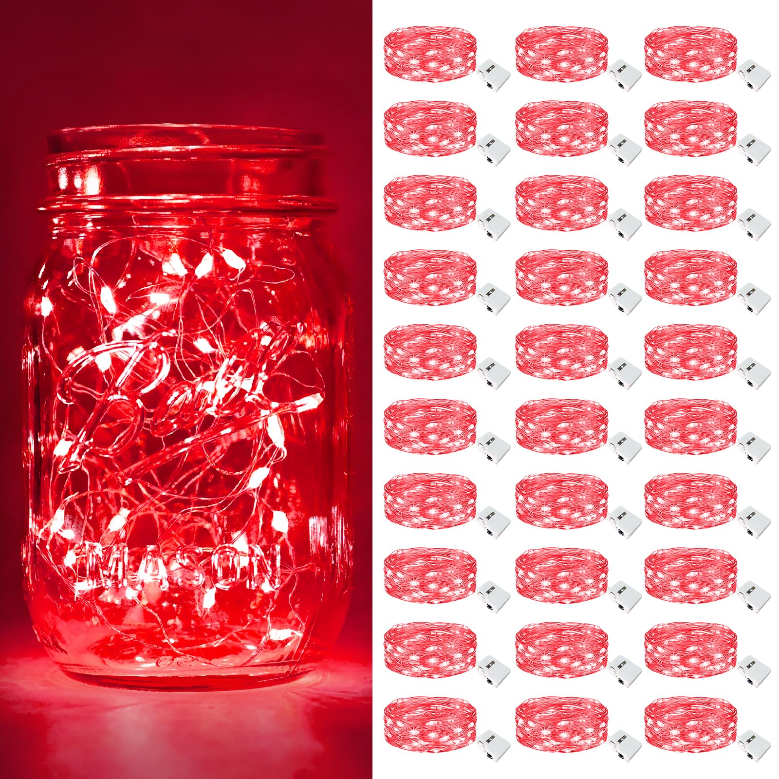 btfarm 30 Pack Fairy Lights Battery Operated [3 Modes]  7ft 20 Led Twinkle Lights String Lights Waterproof Bulk Small Mini Silver Wire for Christmas Mason Jars Wedding Table Centerpiece  Red