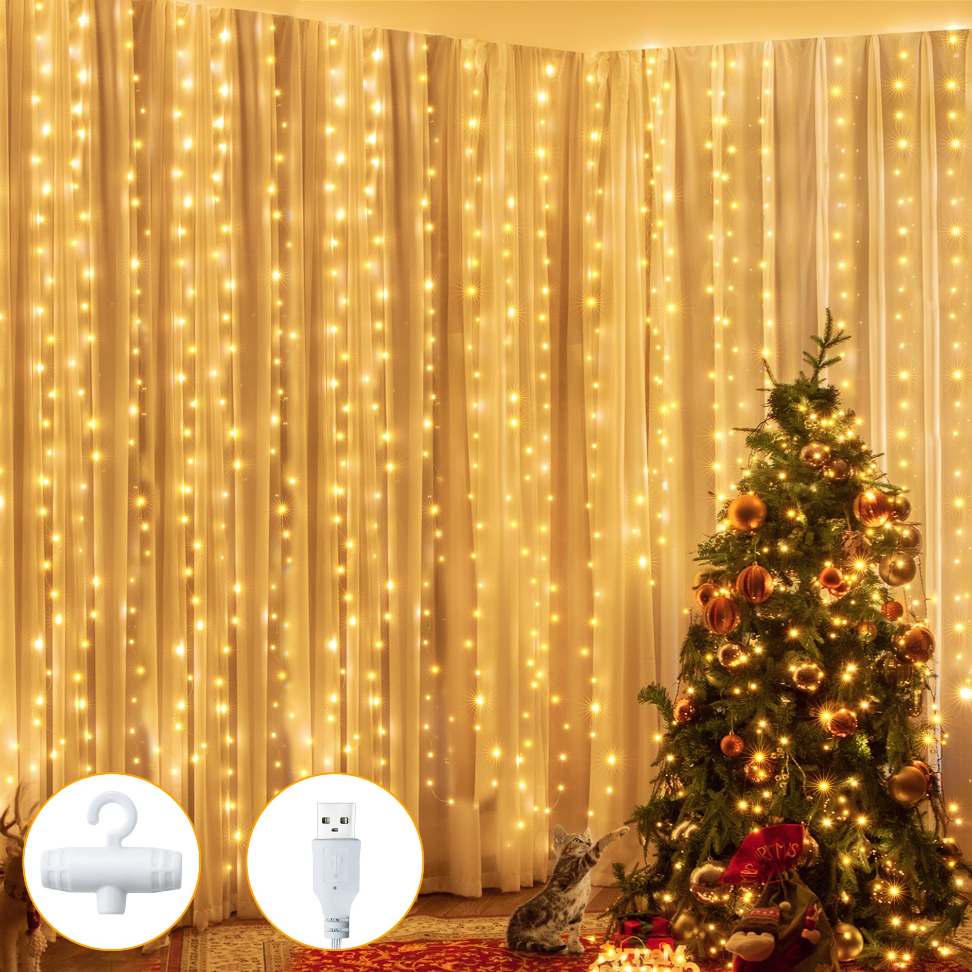Ollny Fairy Lights Curtain 200 LED, 6.6x6.6ft, Warm White, USB Powered, Waterproof, Model W0520M200L, Indoor/Outdoor Decorations