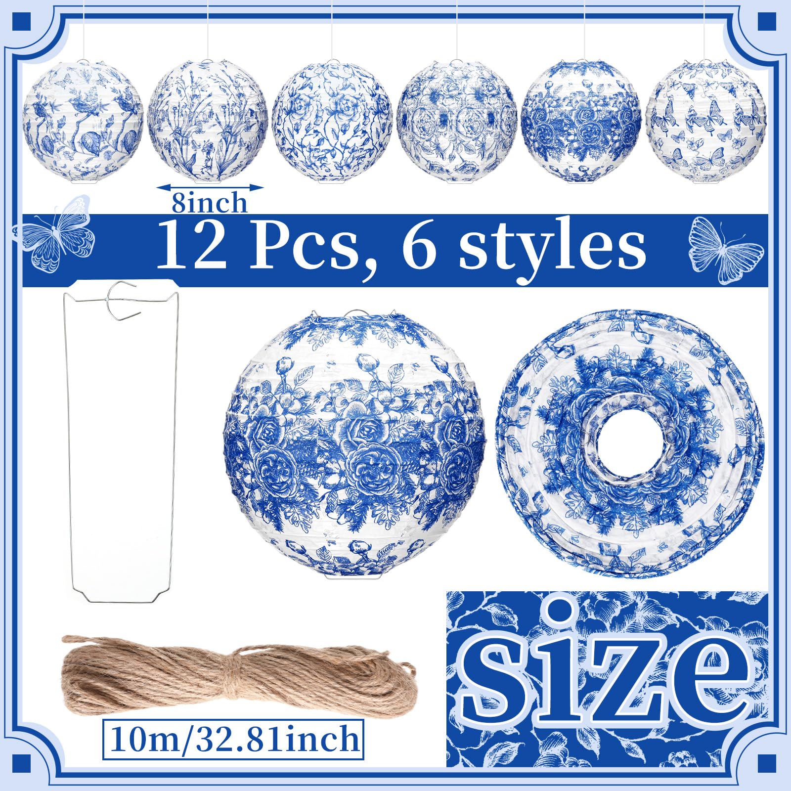 Rossesay 12 Pcs Blue And White Paper Lantern 8 Inch Chinoiserie Lanterns Blue Flower Hanging Lantern Indoor Outdoor Spring Decor