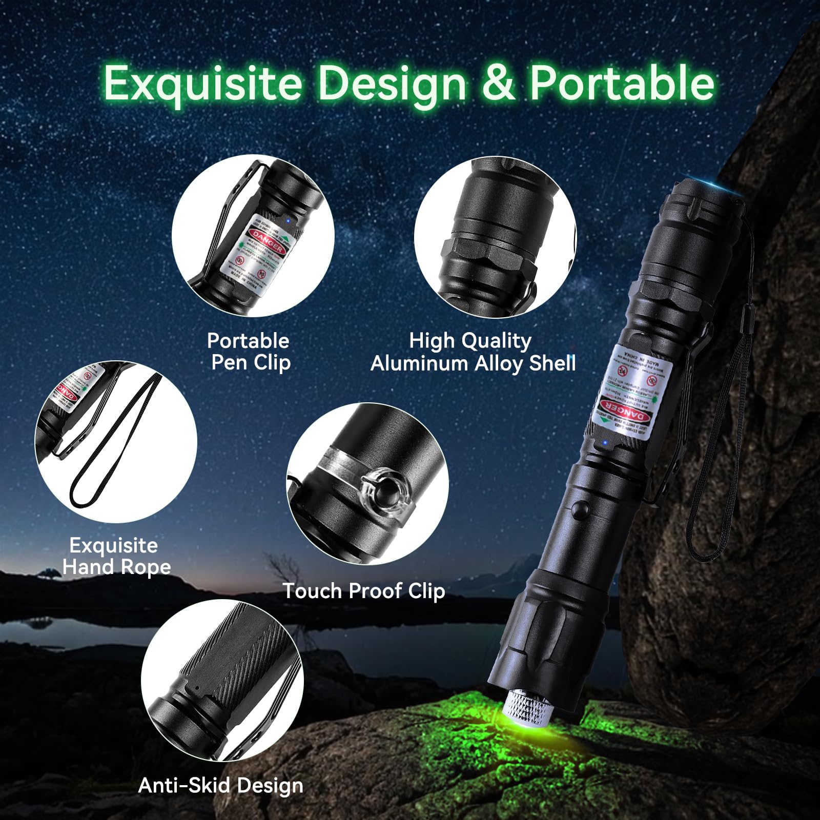 LETEAPII Green Light Flashlight - Long Range Tactical, Rechargeable, Adjustable Focus, Model GLS004, Black, 2 Packs