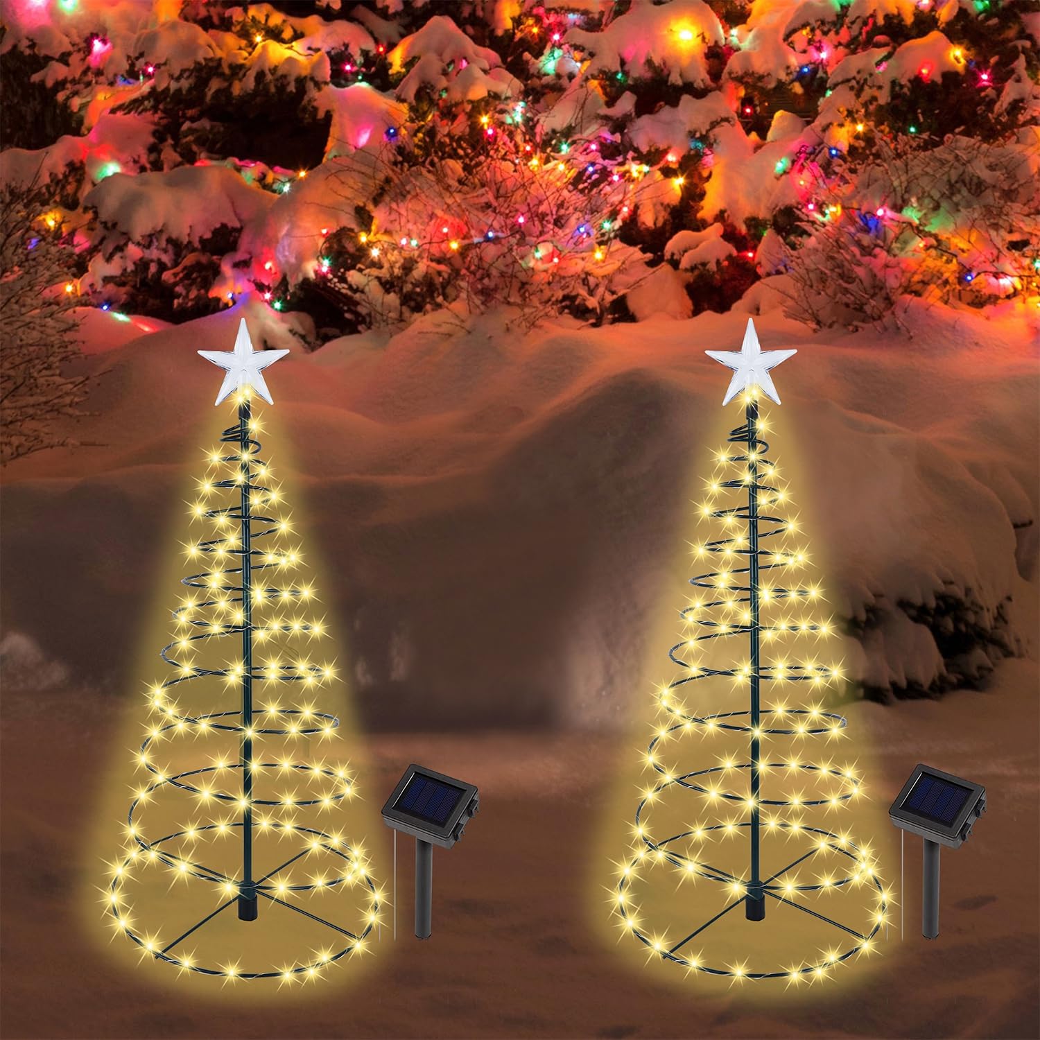 Dynaming 2 Pack 26'' Solar Spiral Trees With Warm White Lights, Light Up Xmas Metal Pathway Markers, Gift For Mom, Auto On/Off &