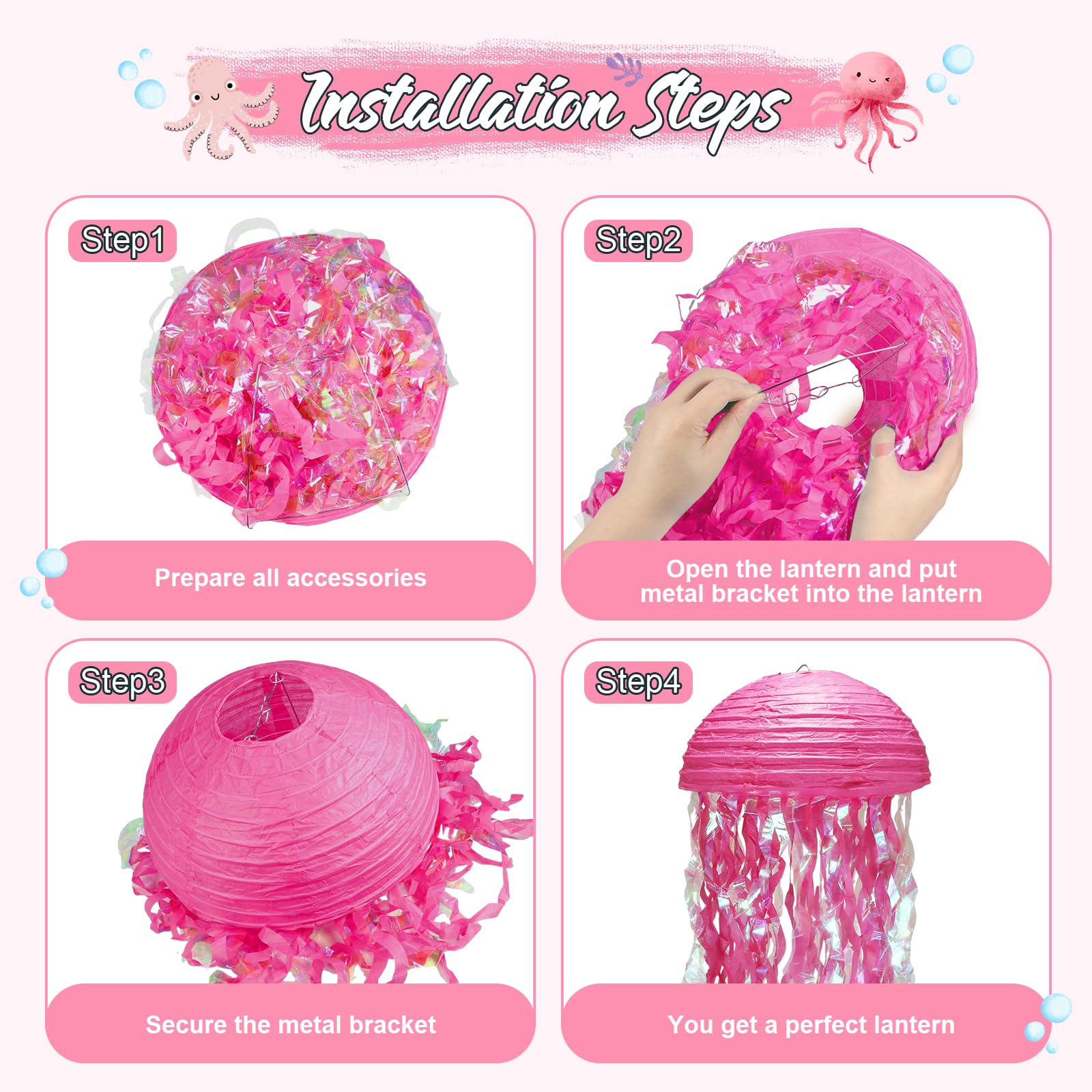 6Pack Pink Jellyfish Paper Lanterns, Under The Sea Party Decorations With Hooks+Rope, Hanging Jellyfish Paper Lanterns For Mermaid Party Ocean Beach, Birthday Party Baby Shower Baby Room