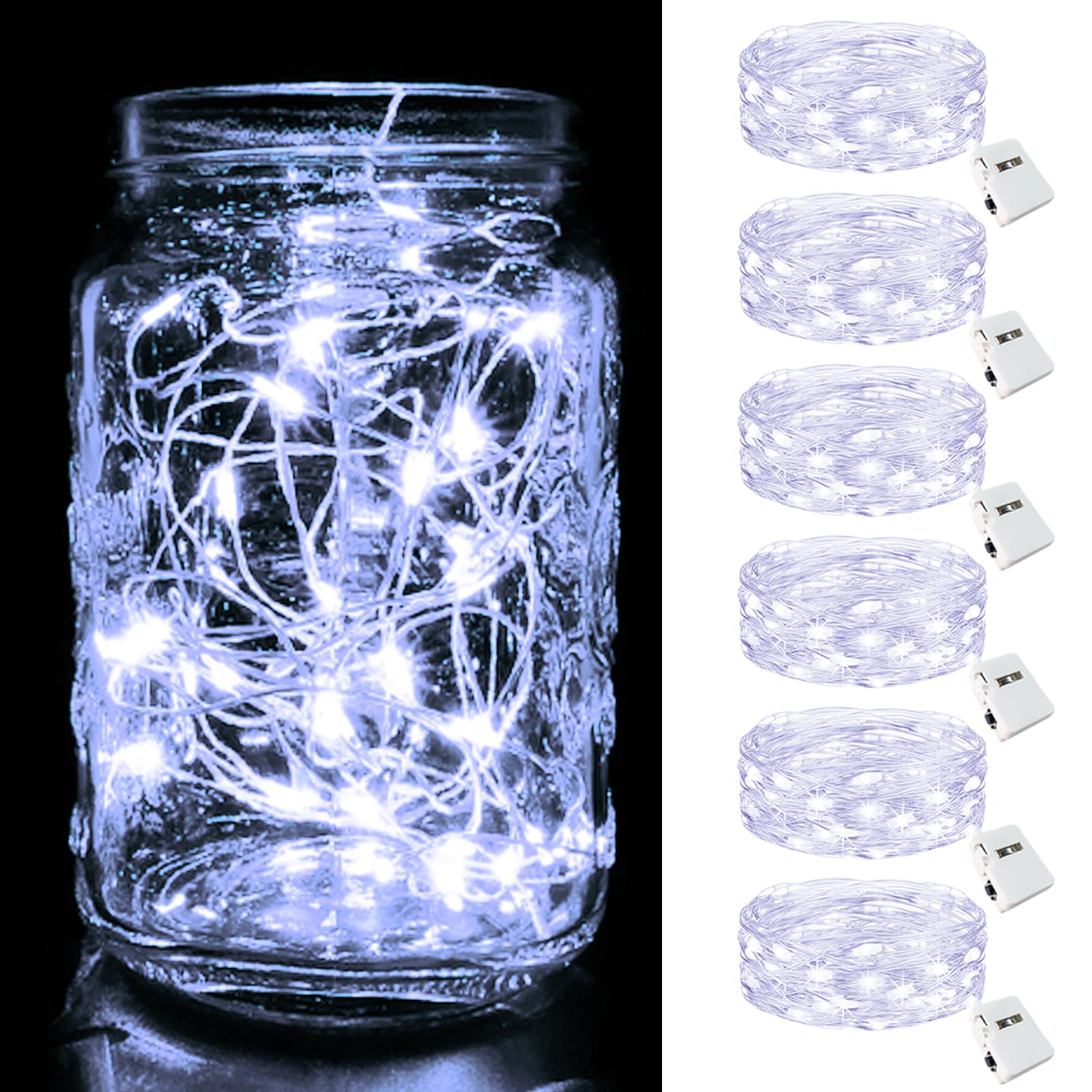 btfarm 6 Pack Fairy Lights Battery Operated [3 Modes]  7ft 20 Led Twinkle Lights String Lights Waterproof Bulk Small Mini Silver Wire for Christmas Mason Jars Wedding Table Centerpiece  Cool White