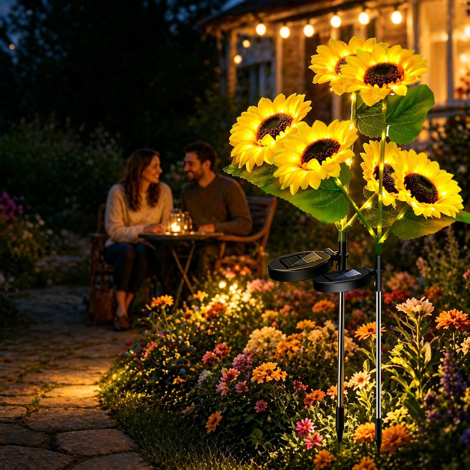 Vupene Solar LED Sunflower Garden Lights 29.6in/74cm, 3 Head Solar Powered Sunflower Lights, Waterproof Outdoor Pathway Lights f