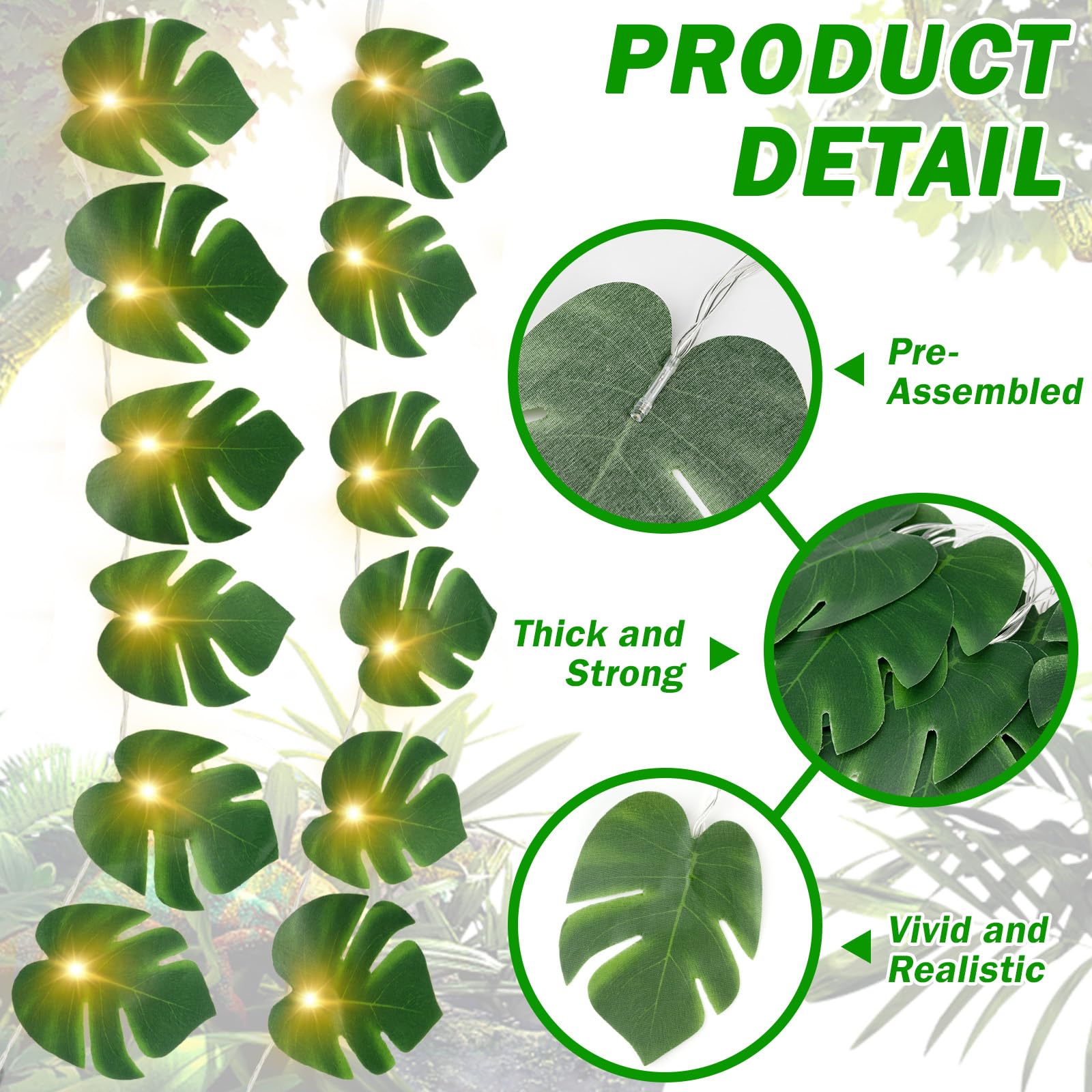 Wohserom 2 Pack Monstera Leaf String Lights  3M/9.8Ft 20 Led Tropical Artificial Palm Leaves String Lights Wall Hanging Vine Leaf For Hawaiian Luau Party Jungle Theme Beach Birthday Home Decorations